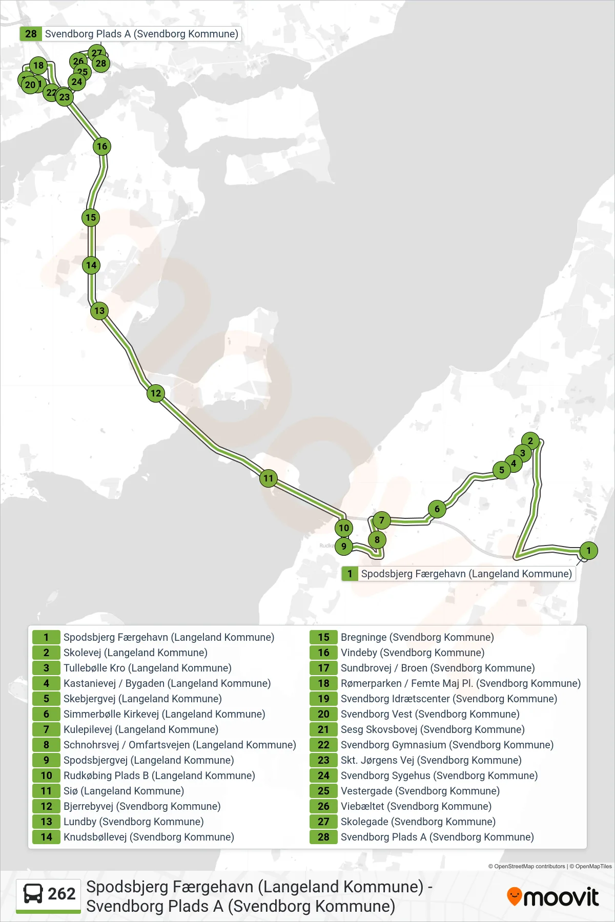 262 bus Linje (Svendborg Plads A) rute og stop på et kort