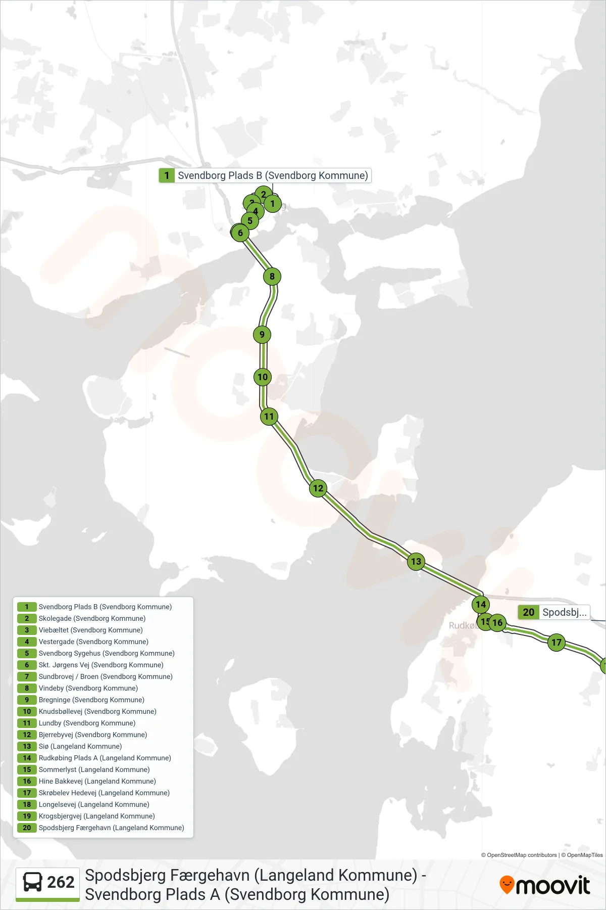 262 bus Linje (Spodsbjerg) rute og stop på et kort