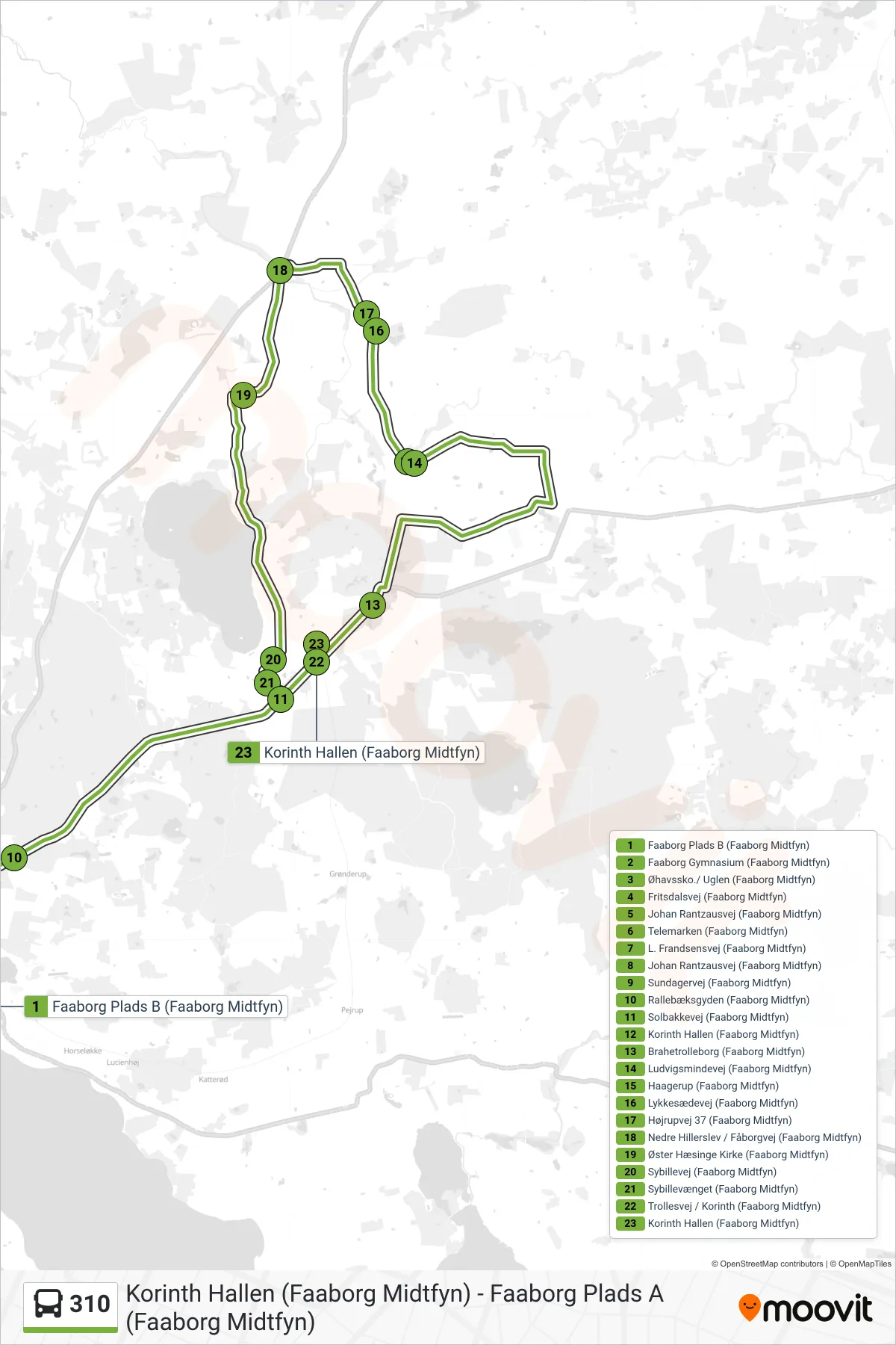 310 bus Linje (Brahetrolleborg Skole) rute og stop på et kort