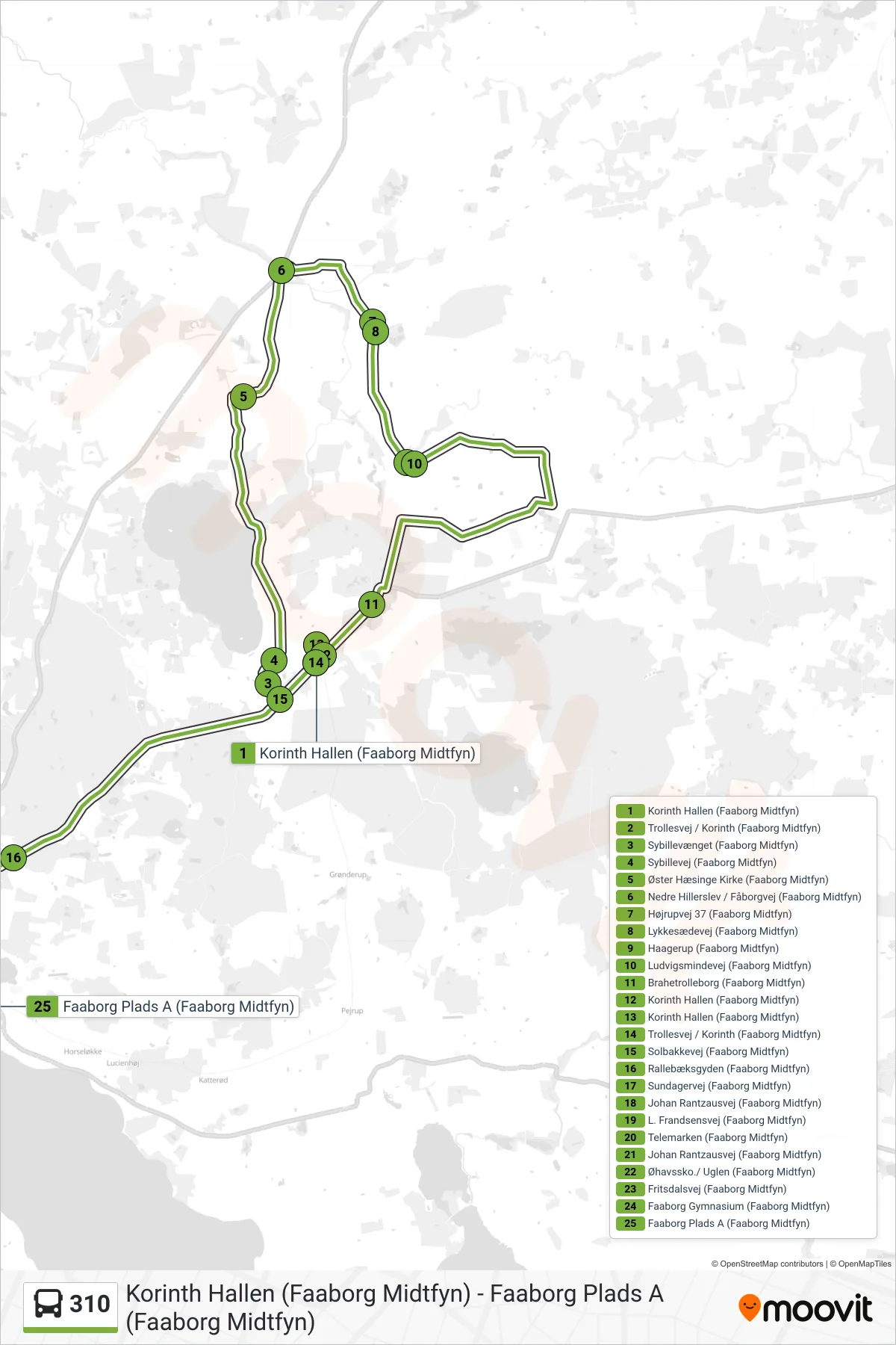 310 bus Linje (Faaborg) rute og stop på et kort