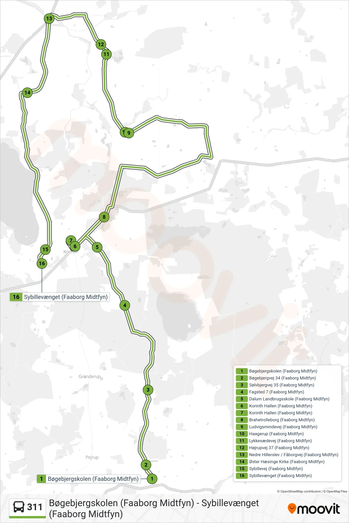 311 bus Line (Korinth) route and stops on a map