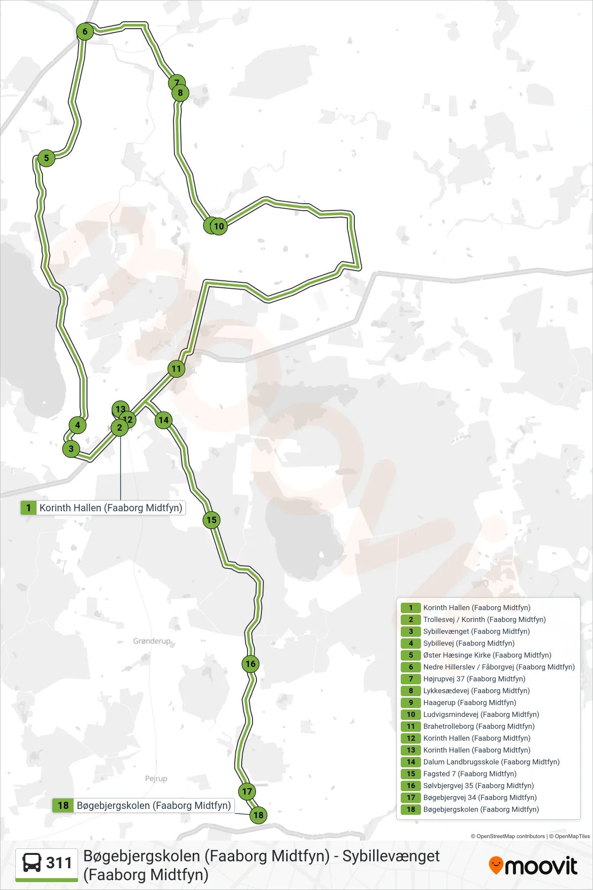 311 bus Linje (Bøgebjergskolen) rute og stop på et kort