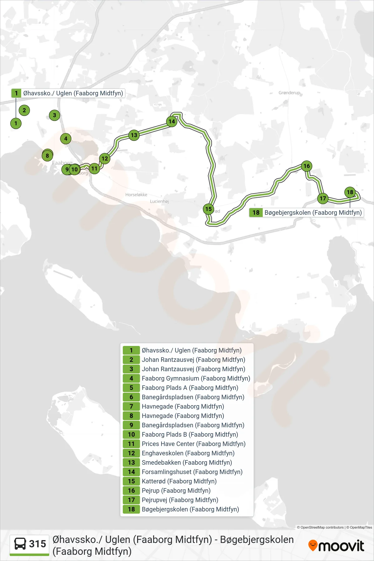 315 bus Linje (Bøgebjergskolen) rute og stop på et kort