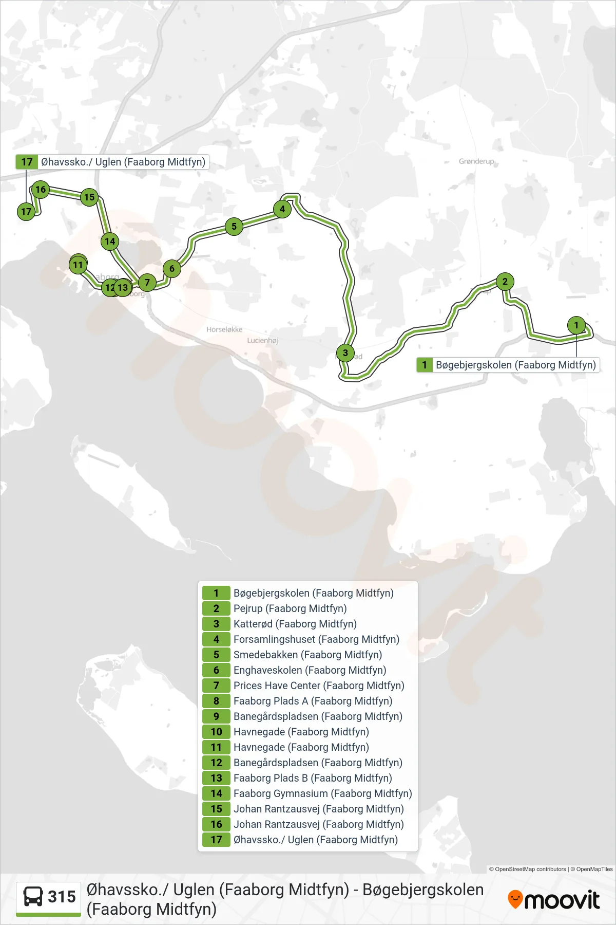 315 bus Linje (Øhavsskolen Uglen) rute og stop på et kort