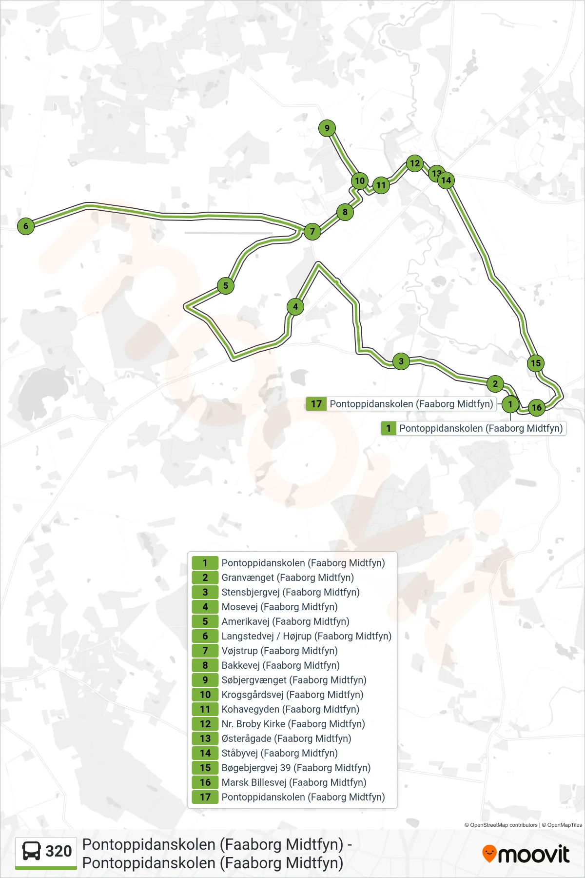 320 bus Linje (Brobyværk) rute og stop på et kort