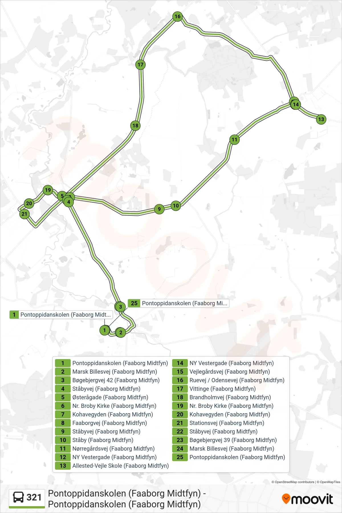 321 bus Linje (Brobyværk) rute og stop på et kort