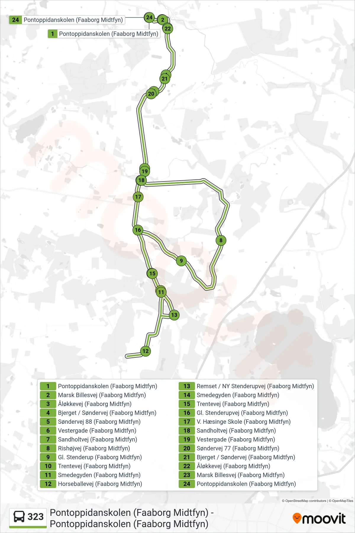 323 bus Linje (Brobyværk) rute og stop på et kort