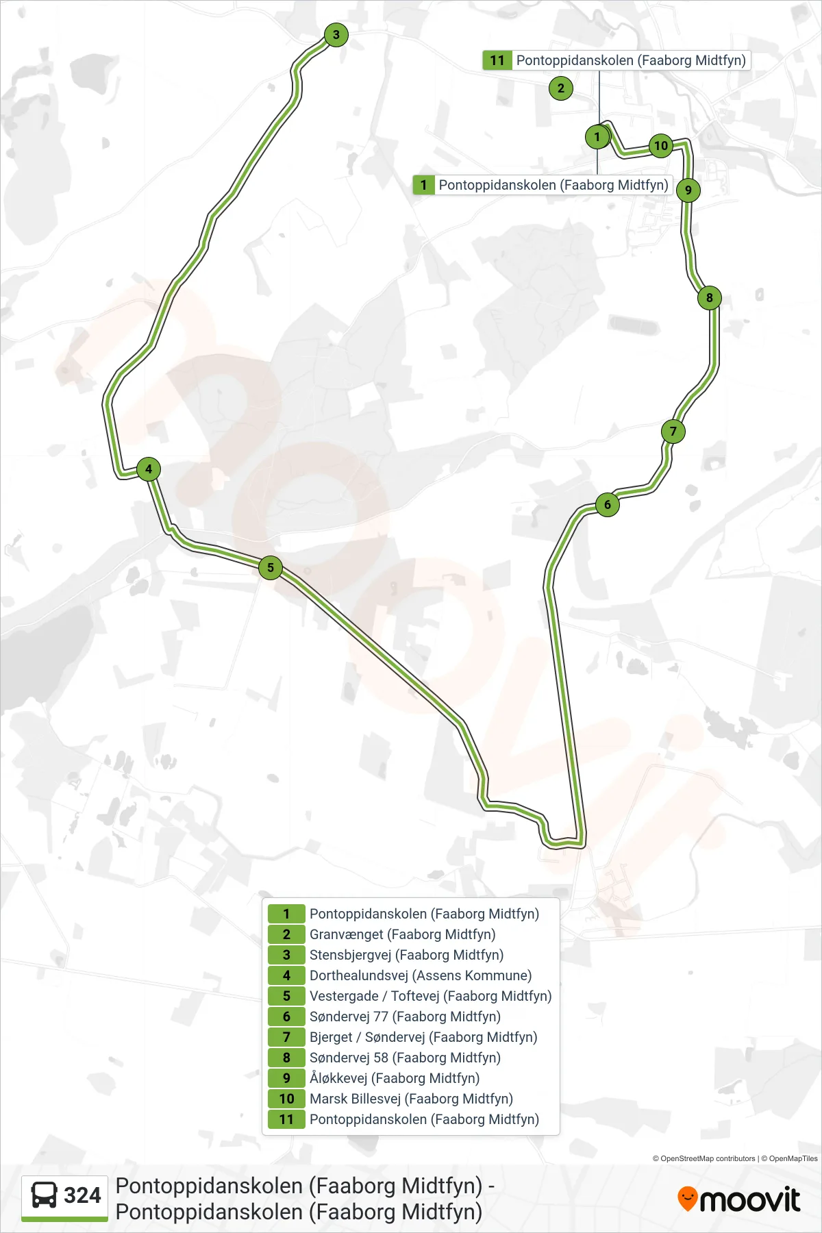 324 bus Linje (Brobyværk) rute og stop på et kort