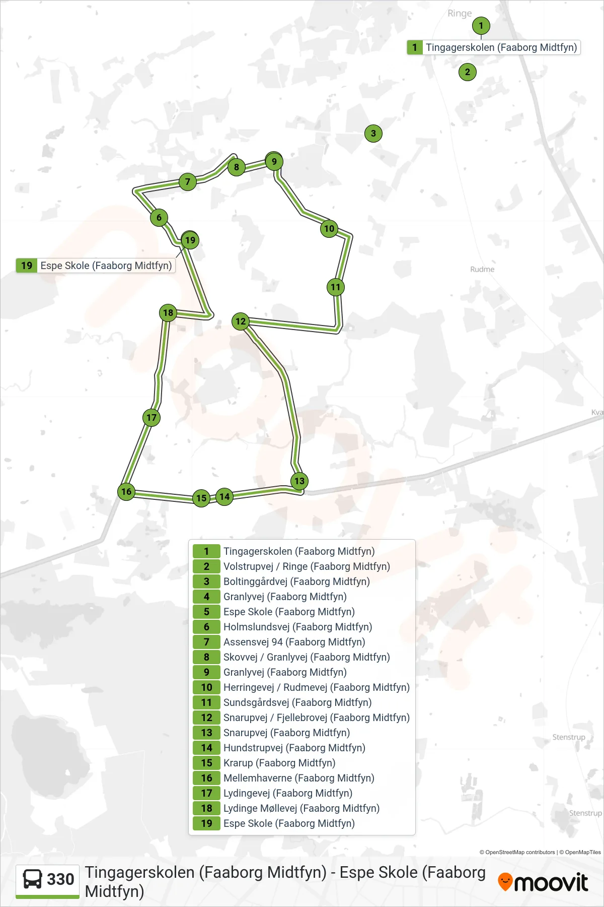 330 bus Line (Espe) route and stops on a map