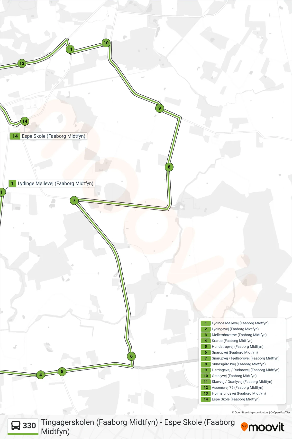 330 bus Linje (Espe) rute og stop på et kort
