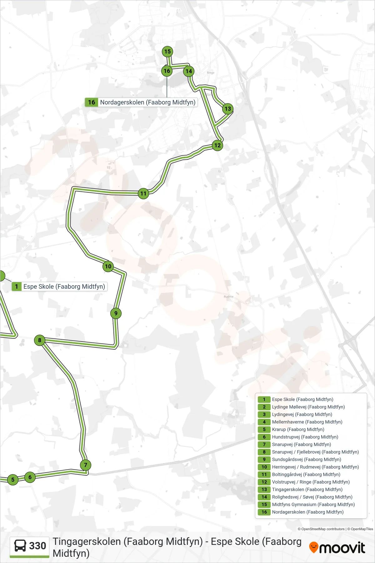 330 bus Linje (Ringe) rute og stop på et kort