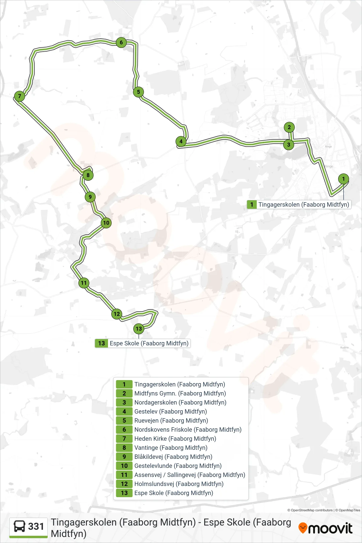 331 bus Line (Espe) route and stops on a map