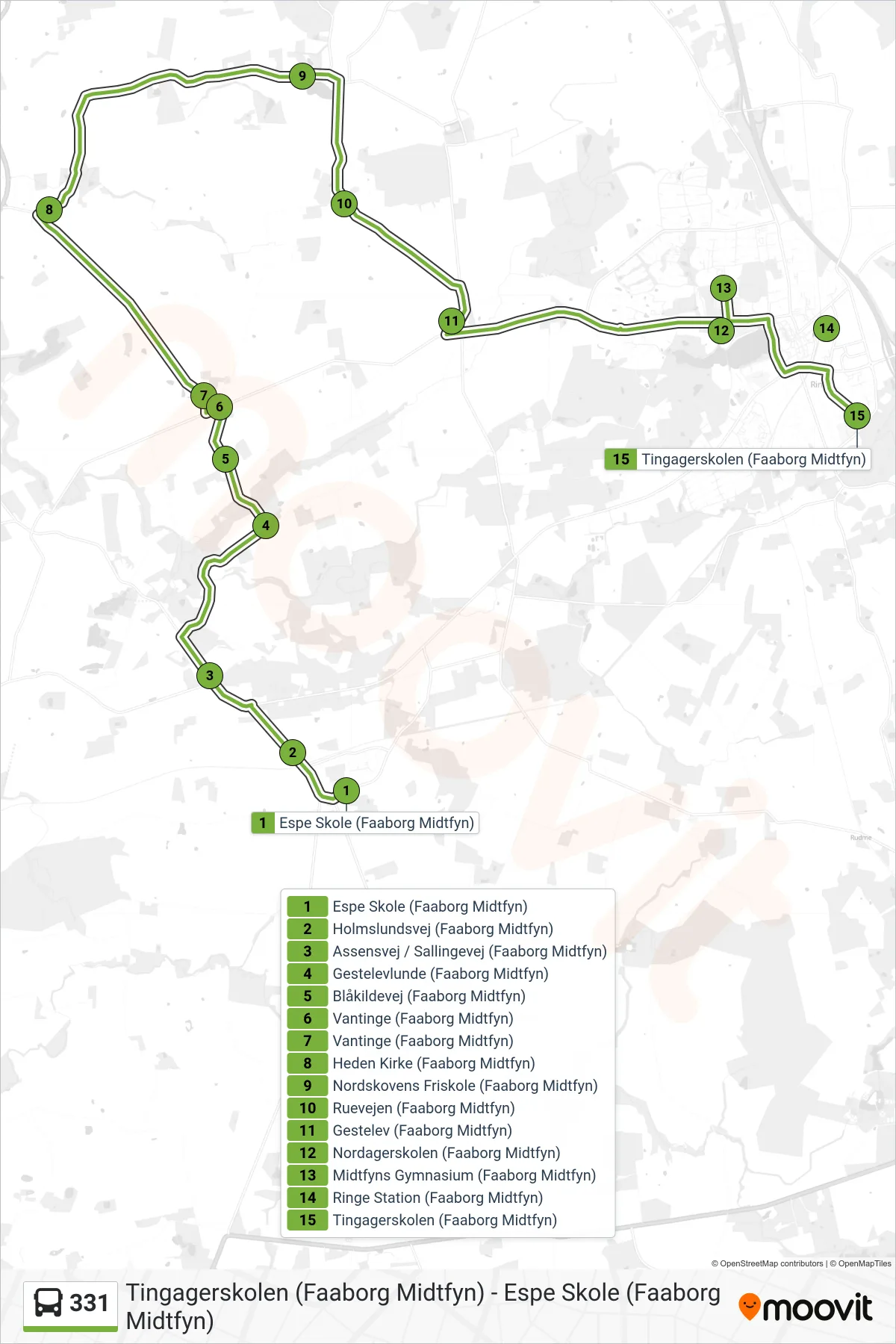 331 bus Linje (Ringe) rute og stop på et kort