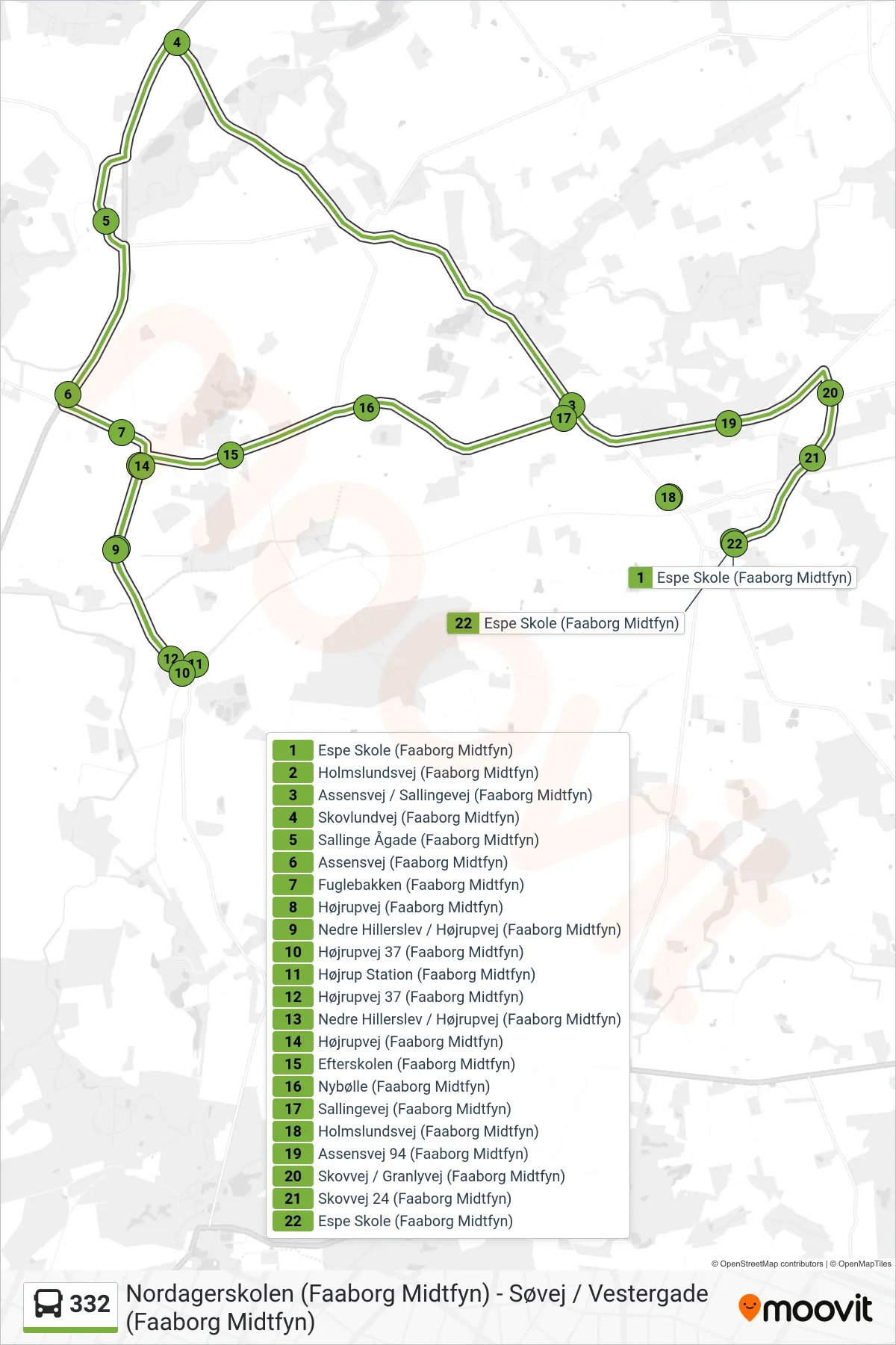 332 bus Linje (Espe) rute og stop på et kort