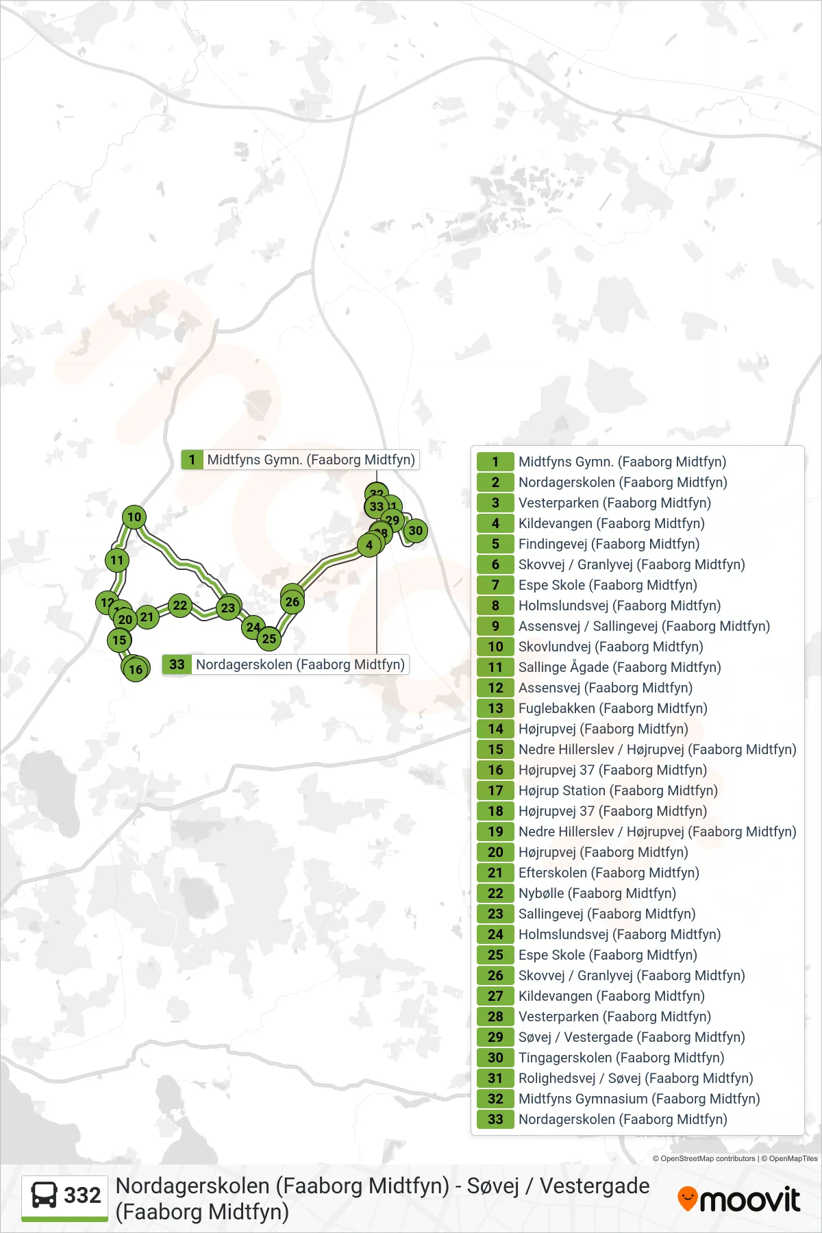 332 bus Linje (Ringe) rute og stop på et kort