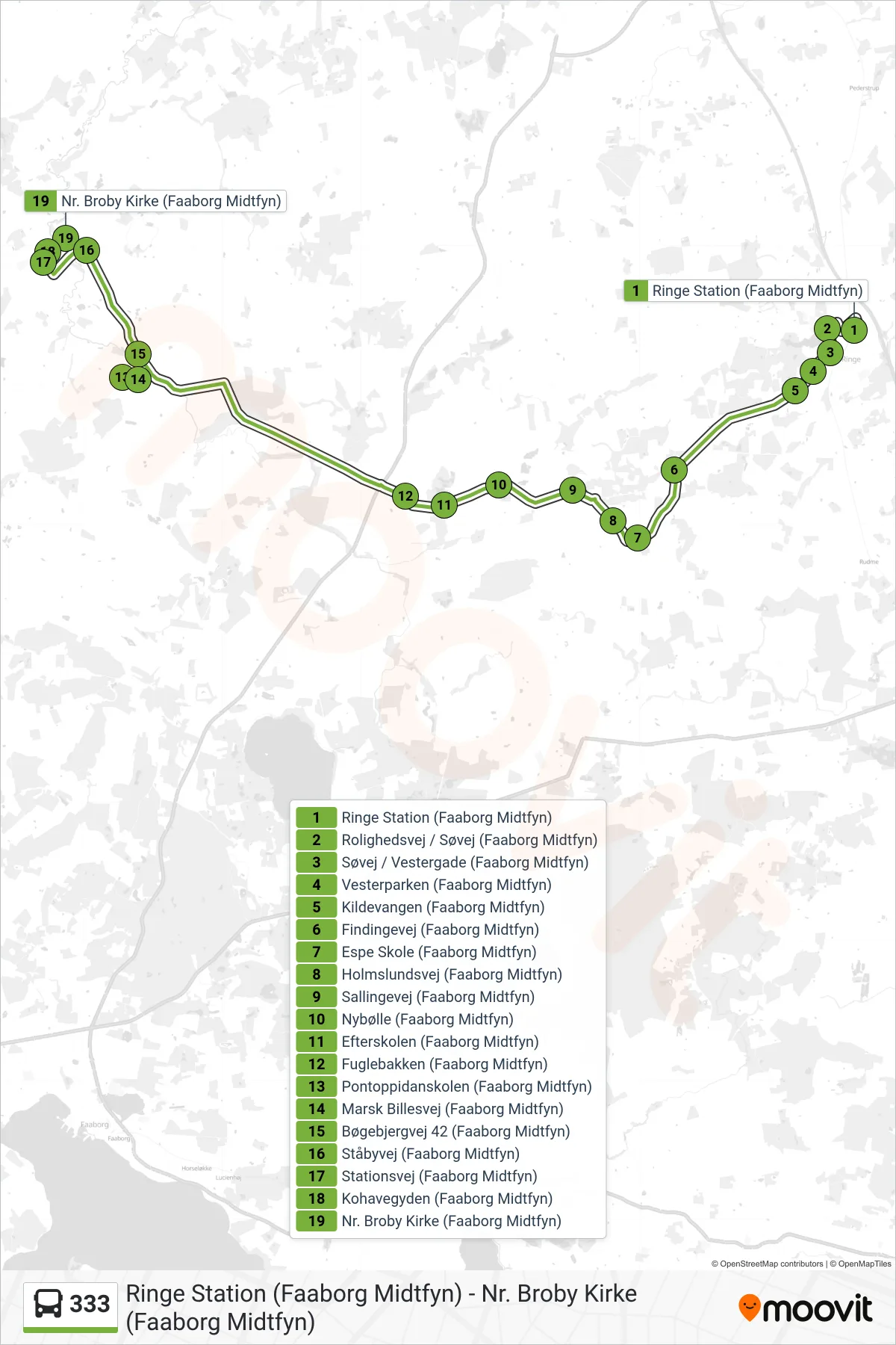 333 bus Linje (Nr. Broby) rute og stop på et kort