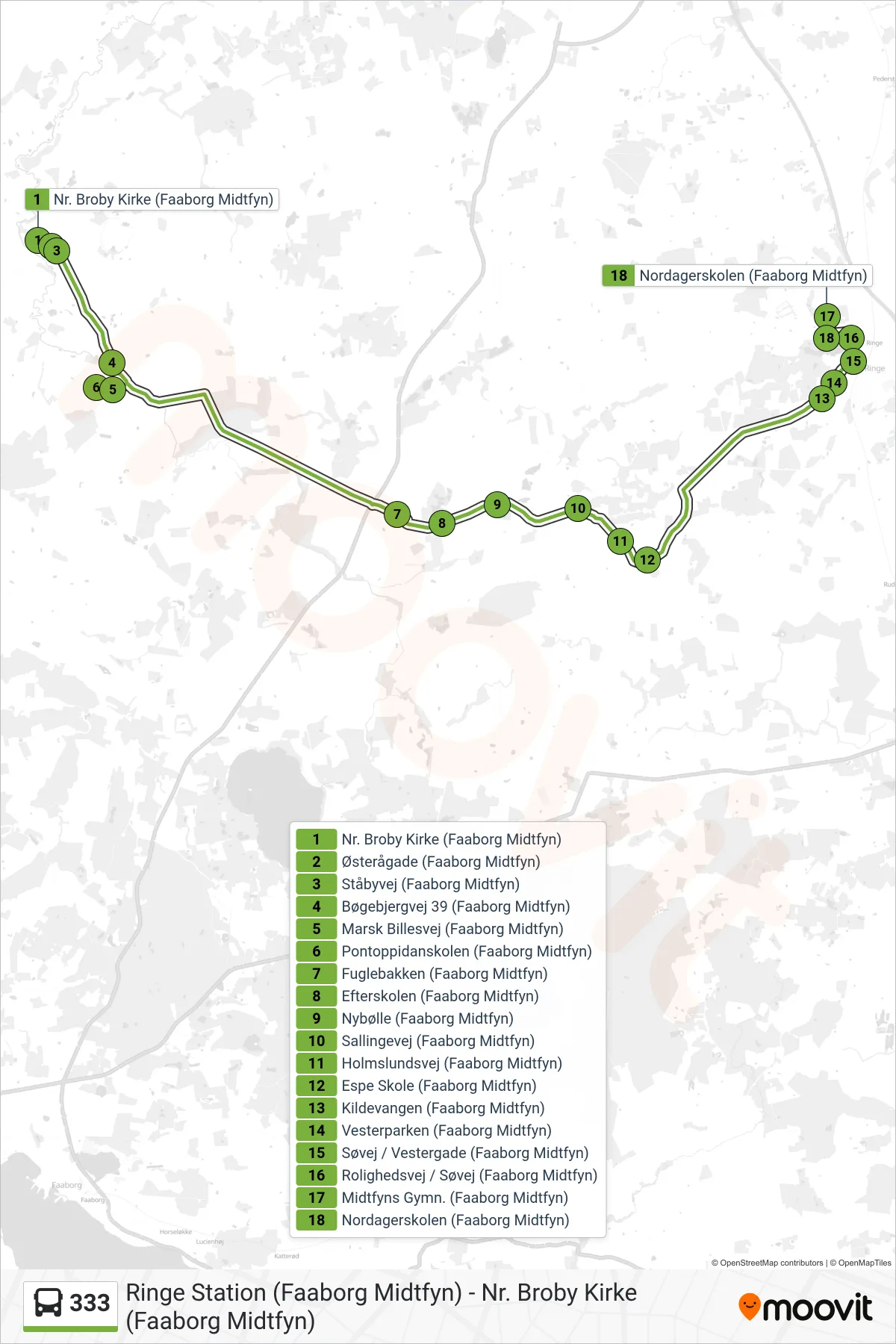 333 bus Linje (Ringe) rute og stop på et kort