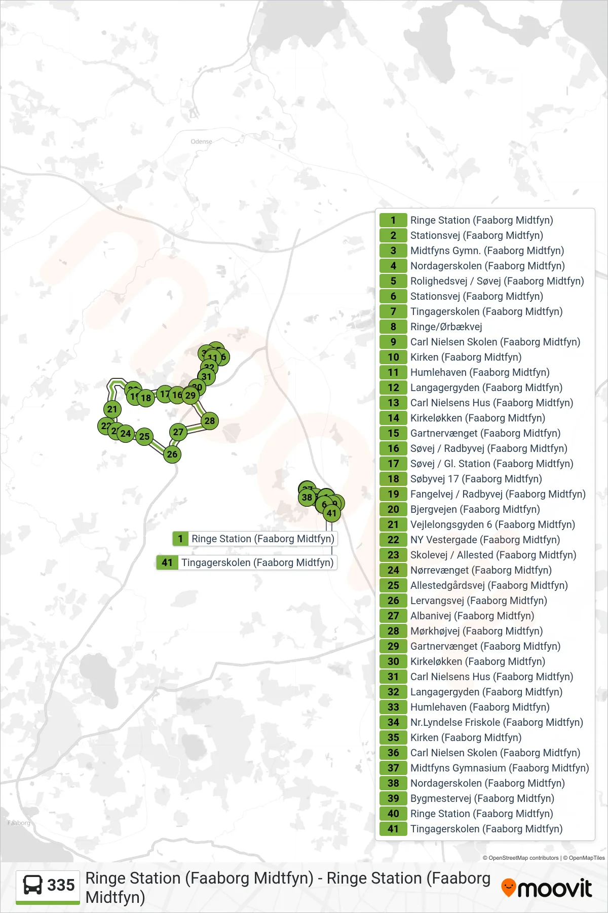 335 bus Linje (Ringe) rute og stop på et kort