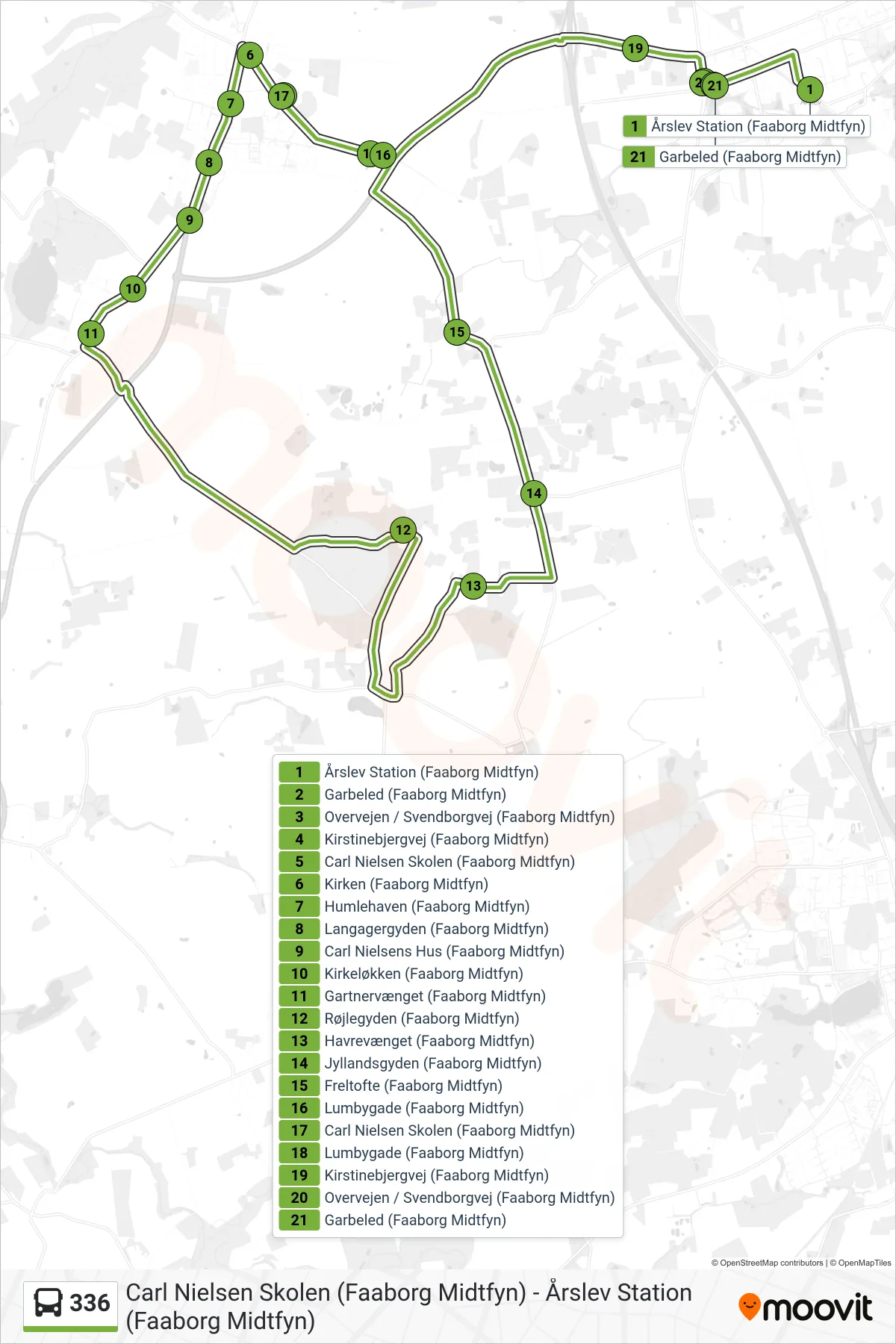 336 bus Linje (Årslev Station) rute og stop på et kort