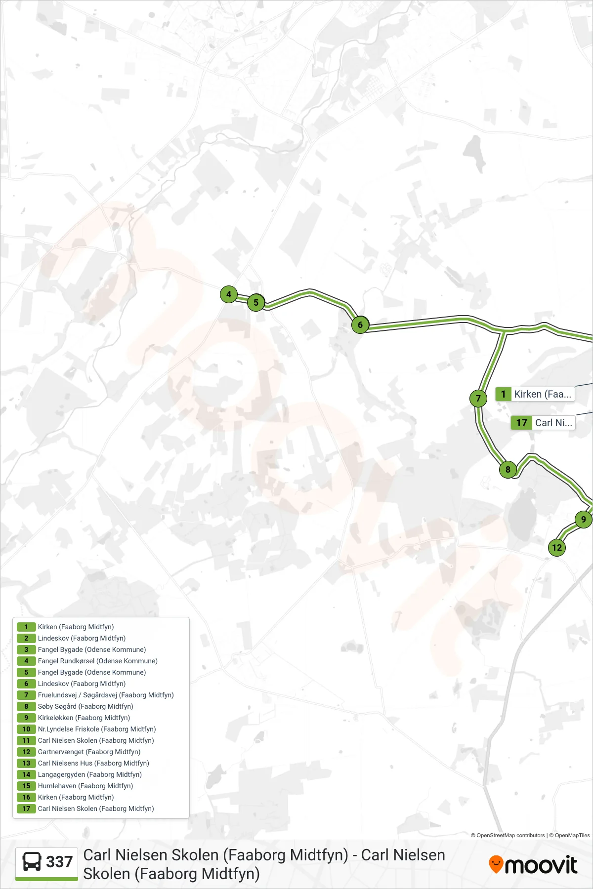337 bus Linje (Nr. Lyndelse) rute og stop på et kort