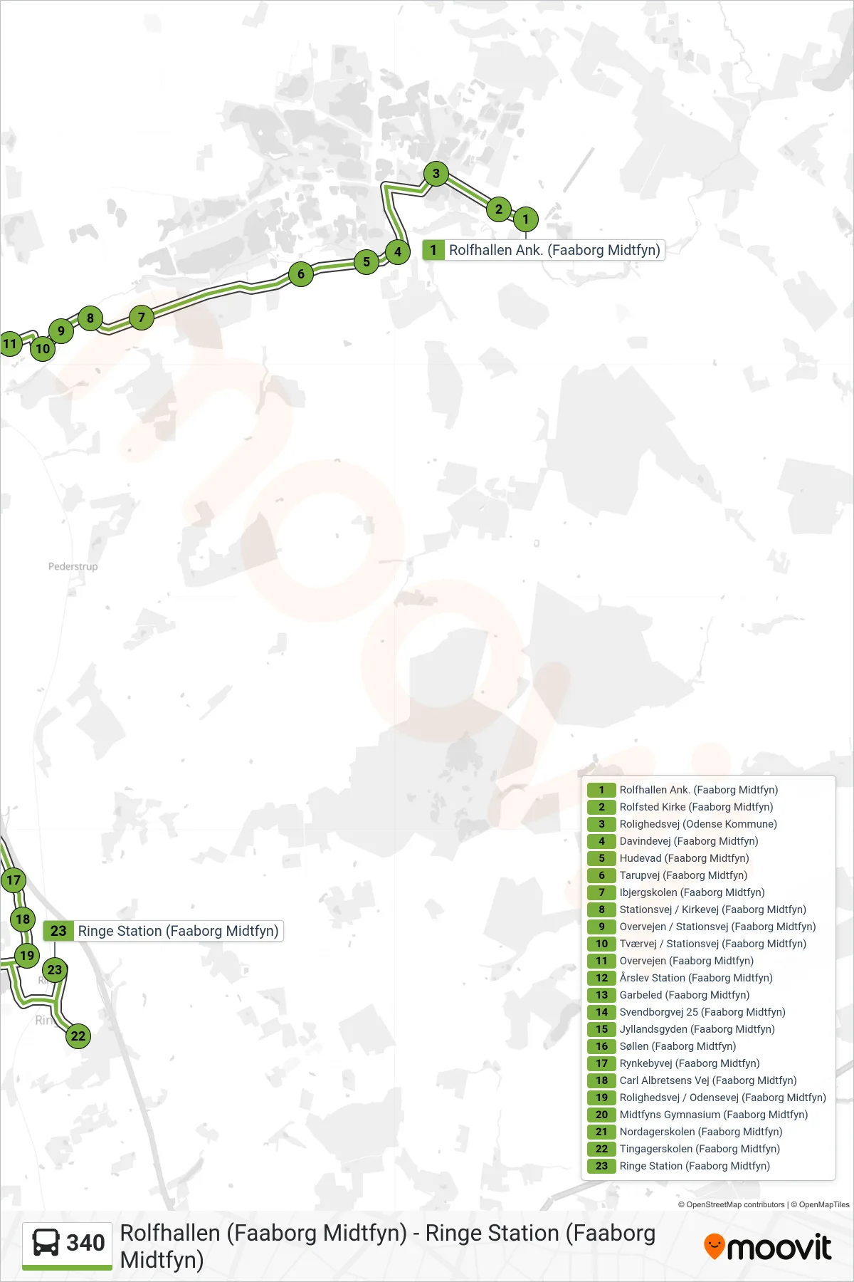 340 bus Linje (Ringe) rute og stop på et kort