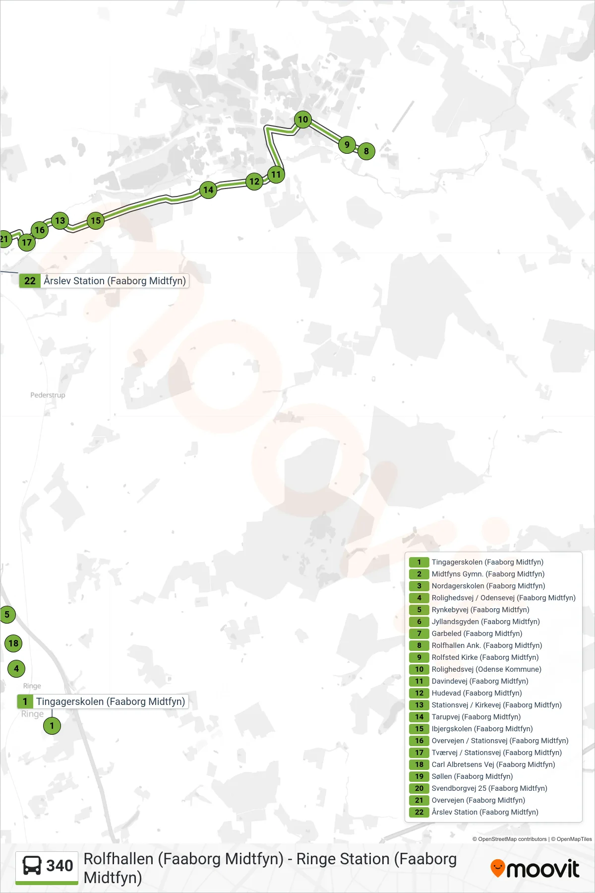 340 bus Linje (Årslev) rute og stop på et kort