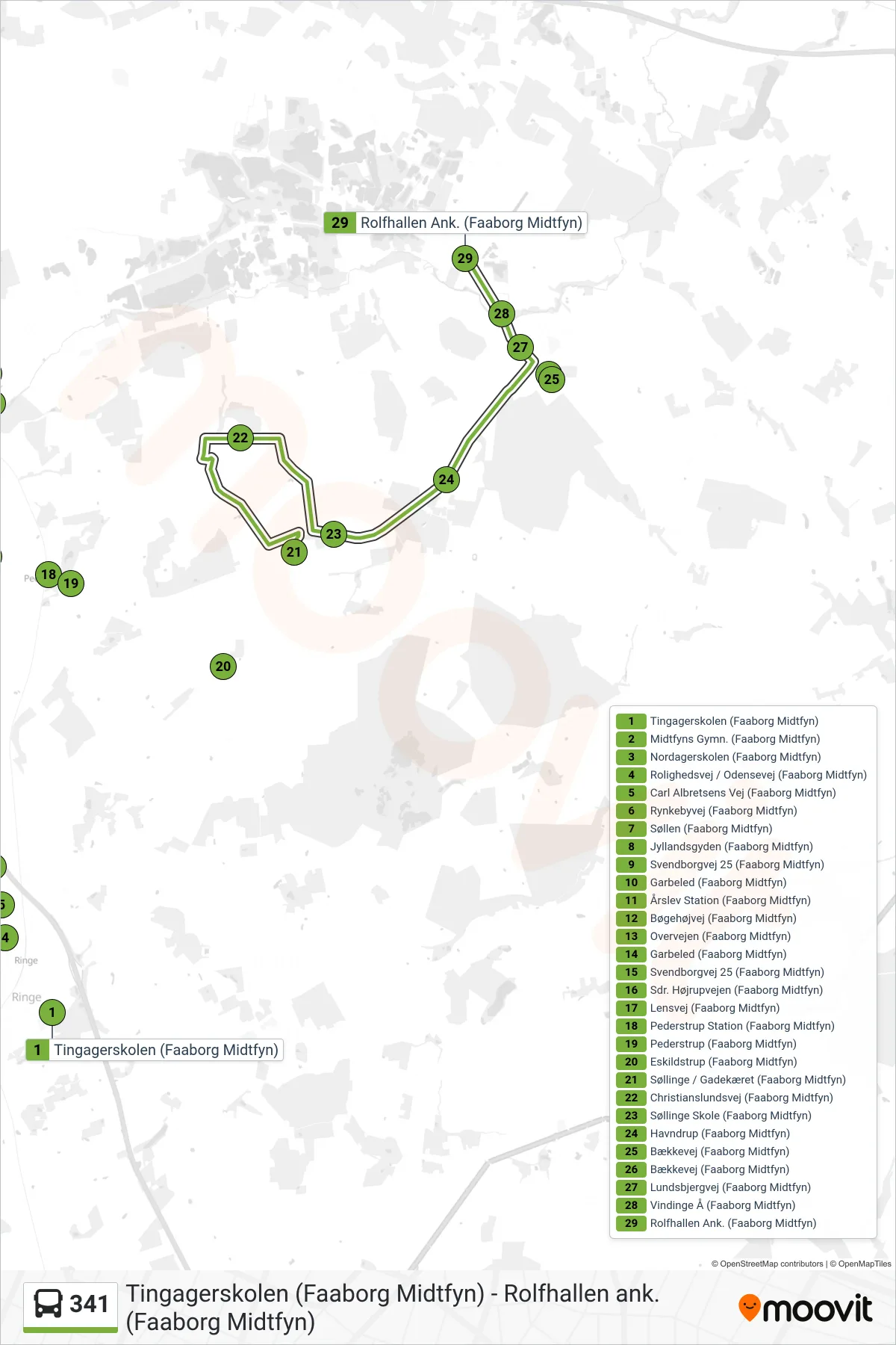341 bus Linje (Rolfsted) rute og stop på et kort