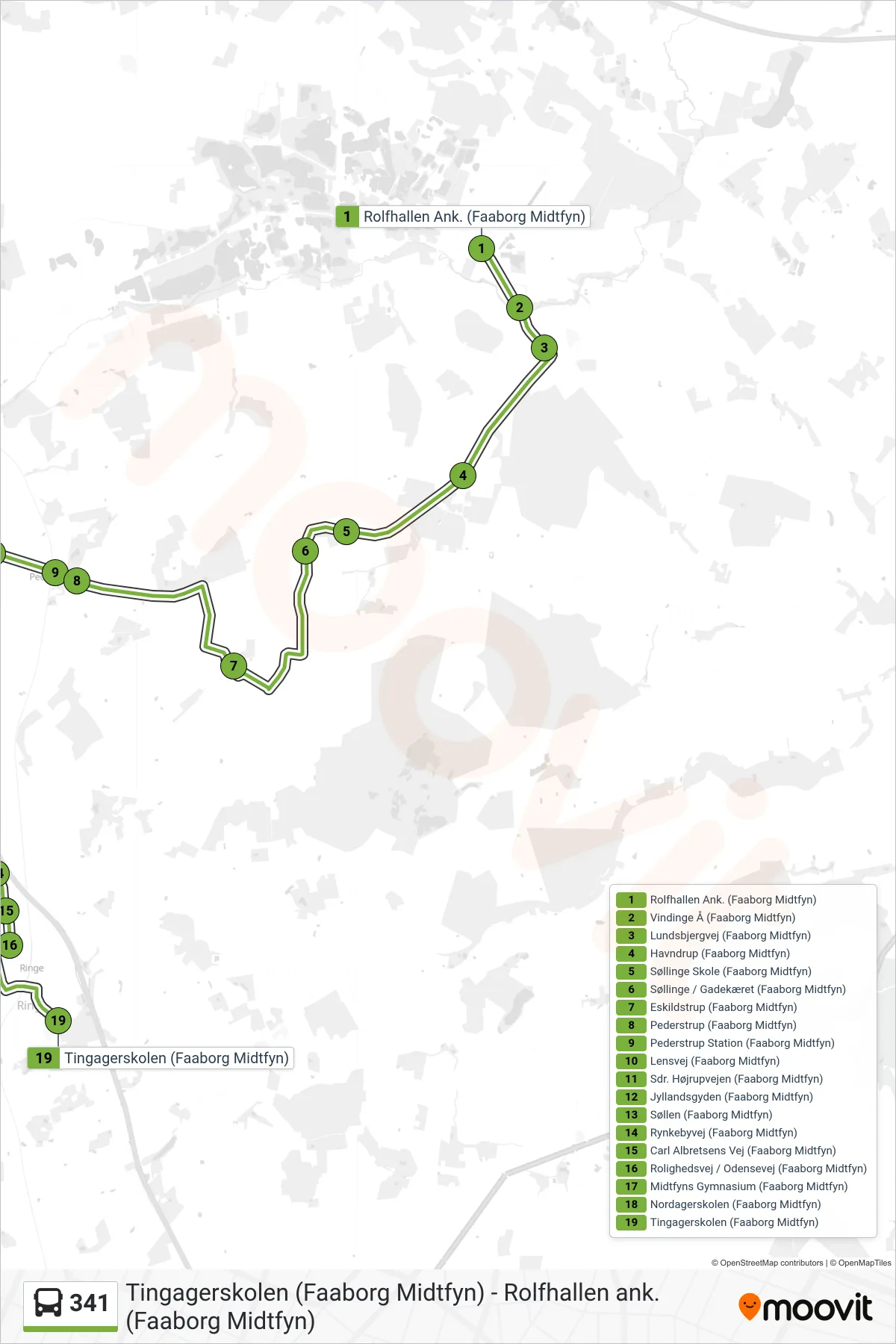 341 bus Linje (Ringe) rute og stop på et kort