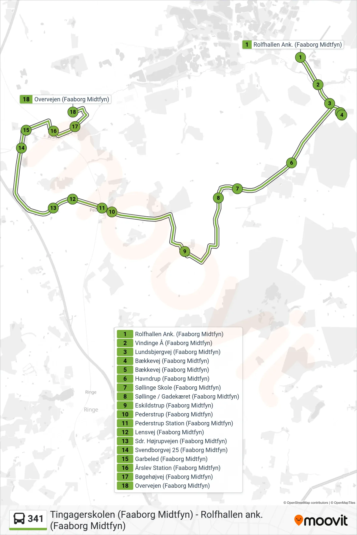 341 bus Linje (Årslev) rute og stop på et kort