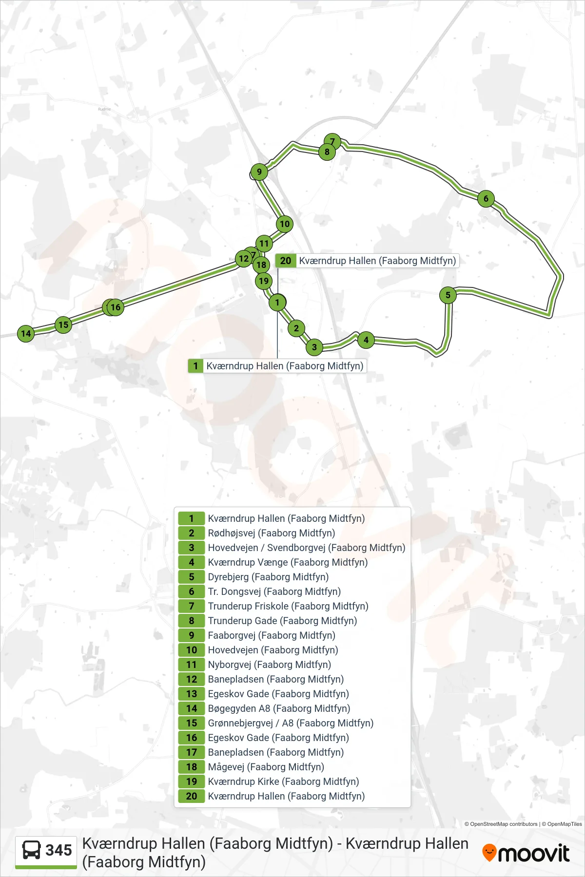 345 bus Linje (Kværndrup) rute og stop på et kort
