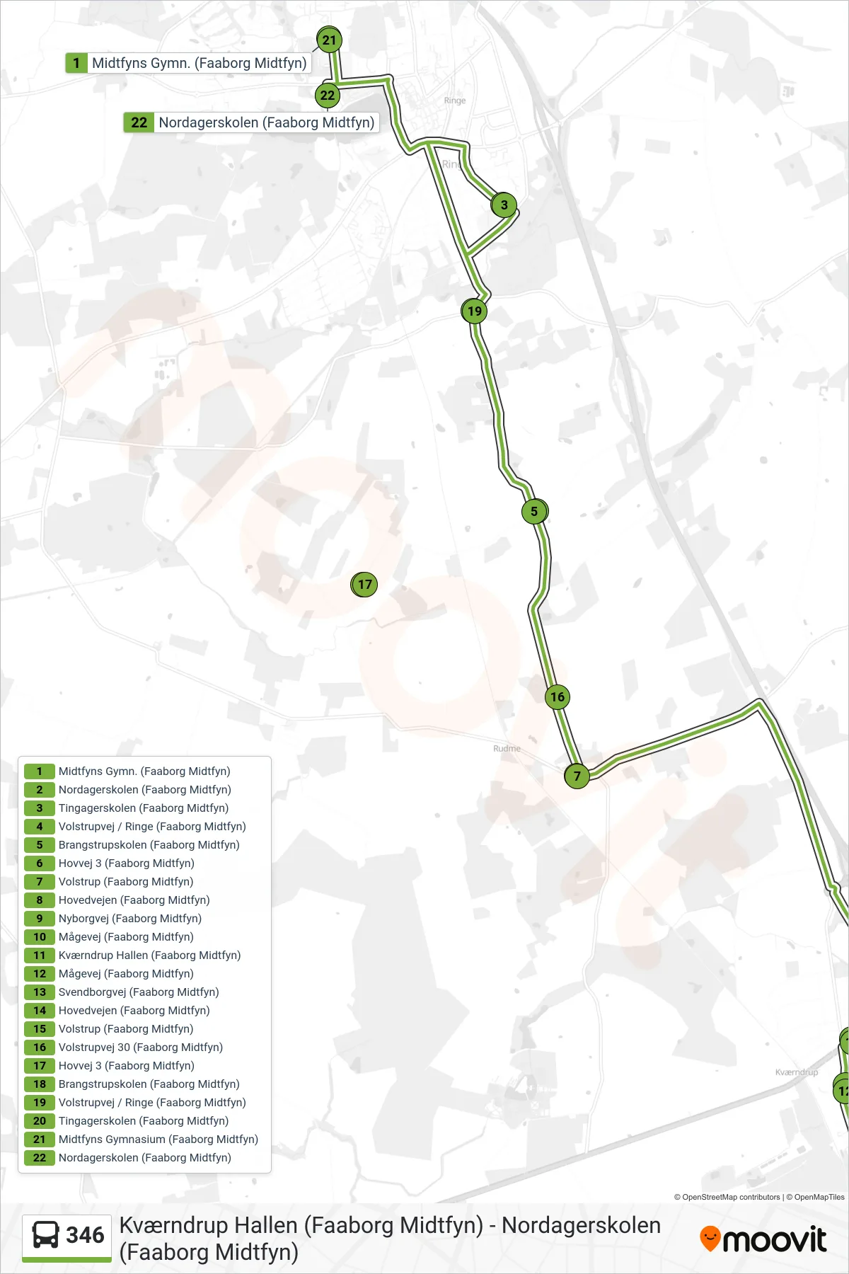 346 bus Linje (Ringe) rute og stop på et kort