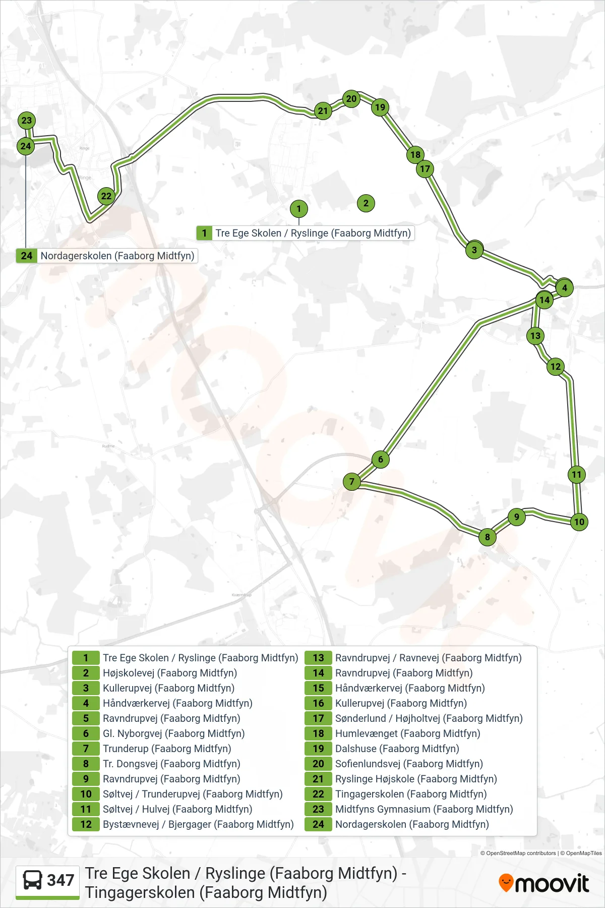 347 bus Linje (Ringe) rute og stop på et kort