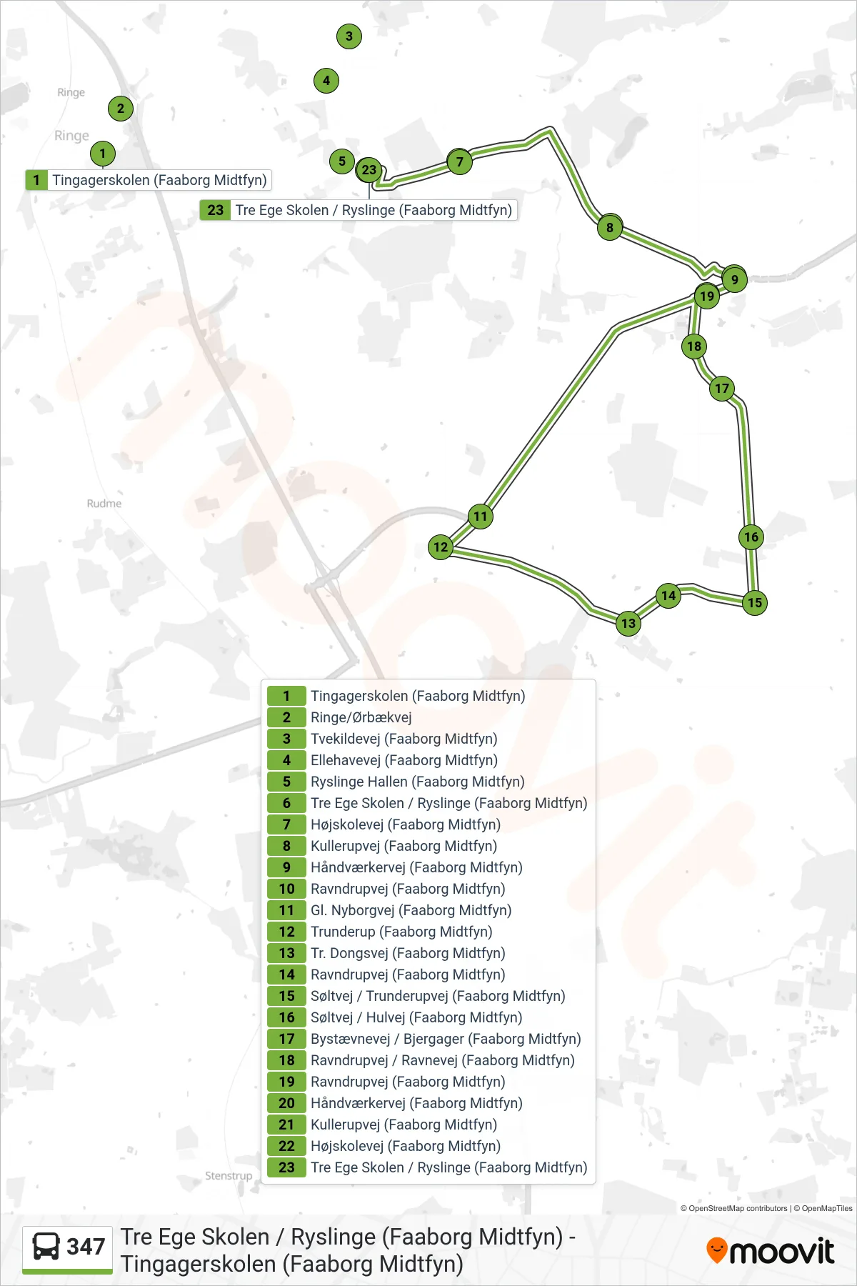347 bus Linje (Ryslinge) rute og stop på et kort