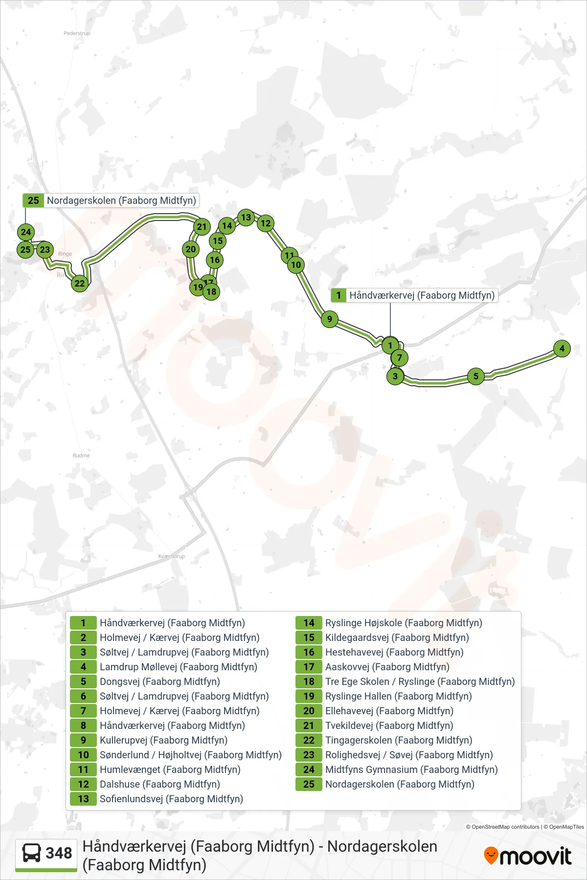 348 bus Linje (Ryslinge) rute og stop på et kort