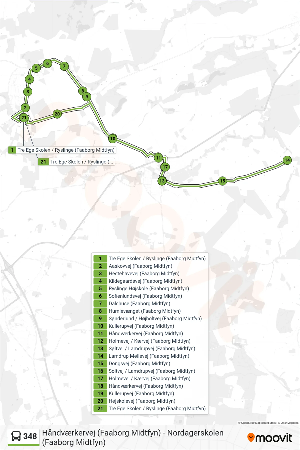 348 bus Linje (Ryslinge) rute og stop på et kort