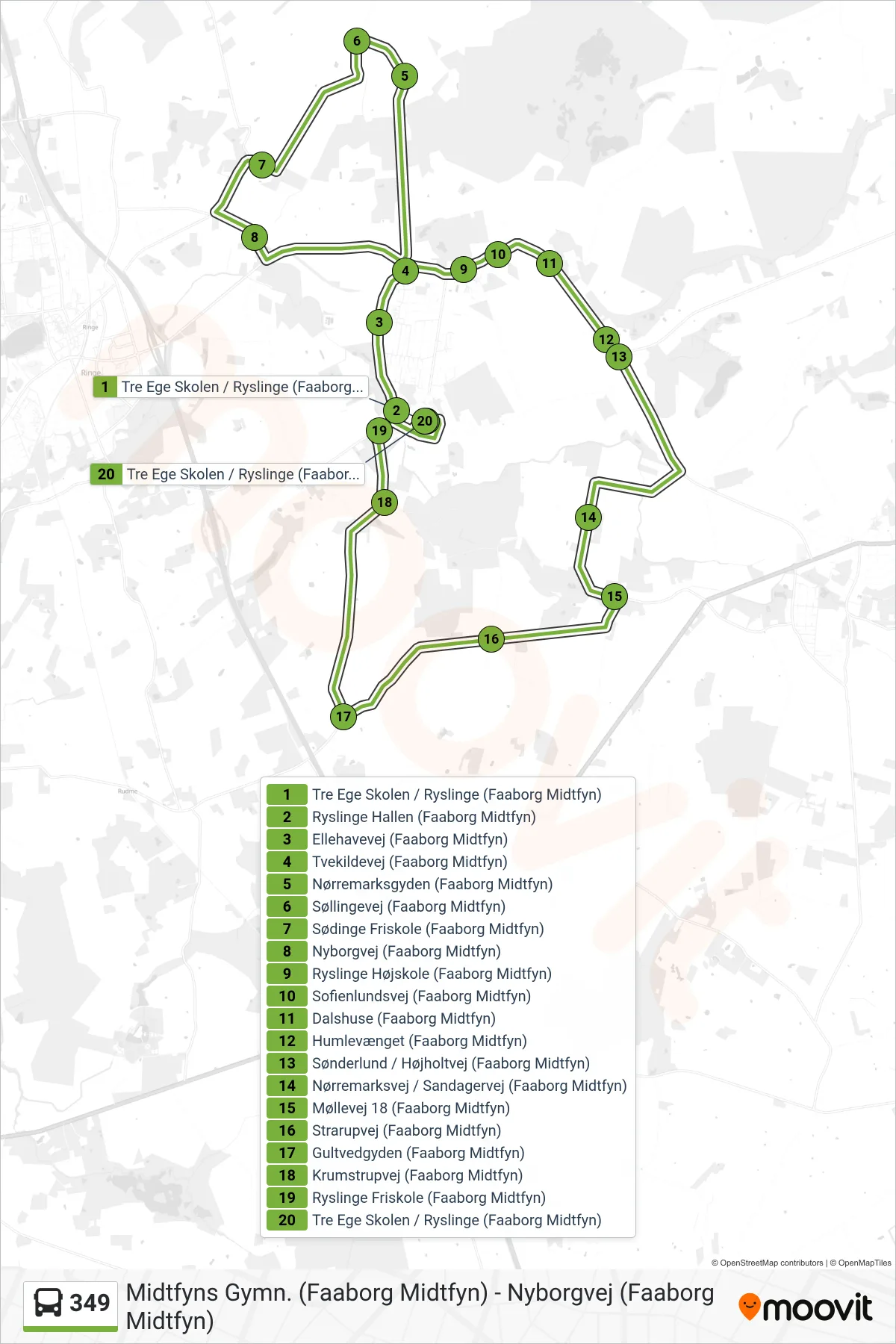 349 bus Linje (Ryslinge) rute og stop på et kort