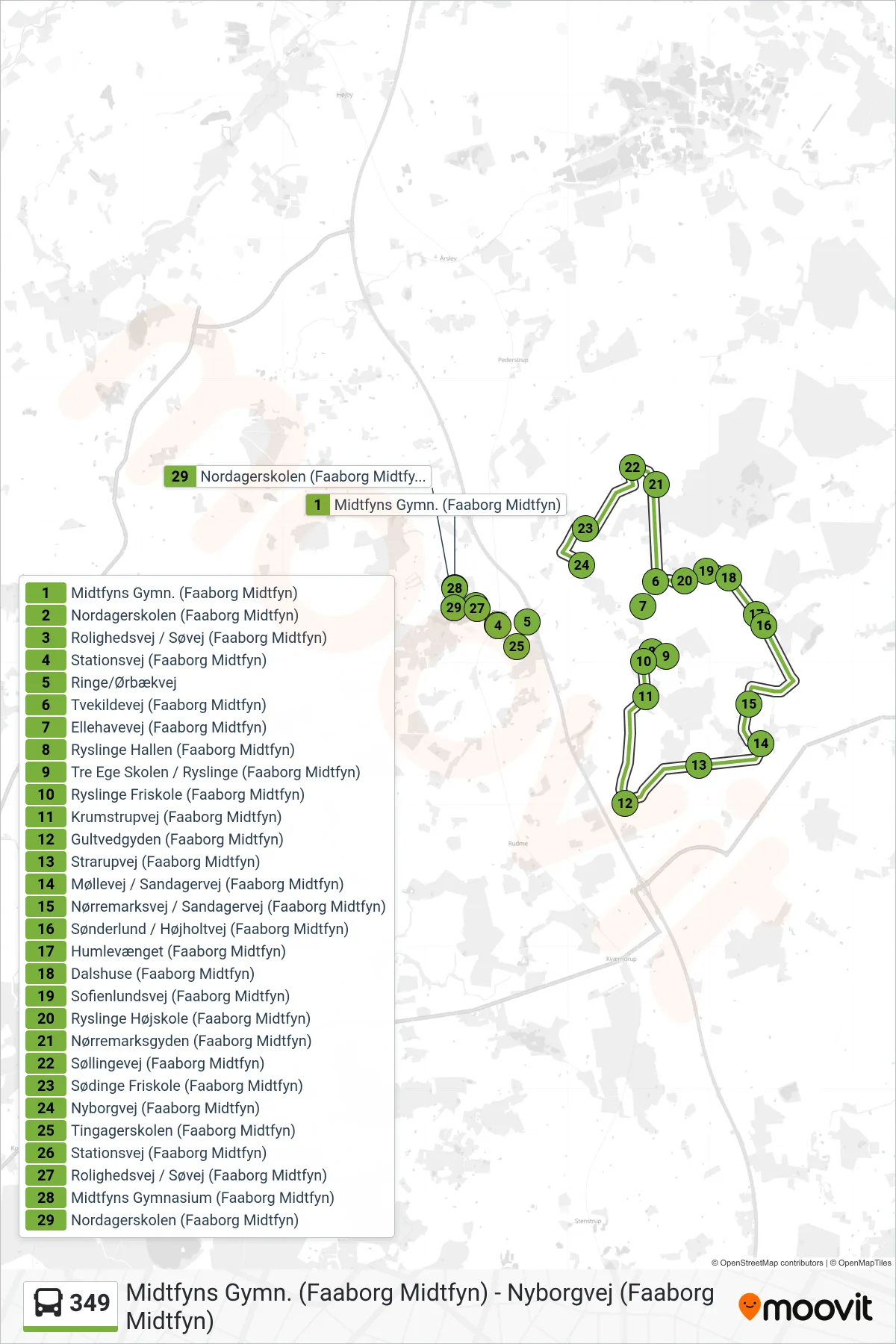 349 bus Linje (Ringe) rute og stop på et kort