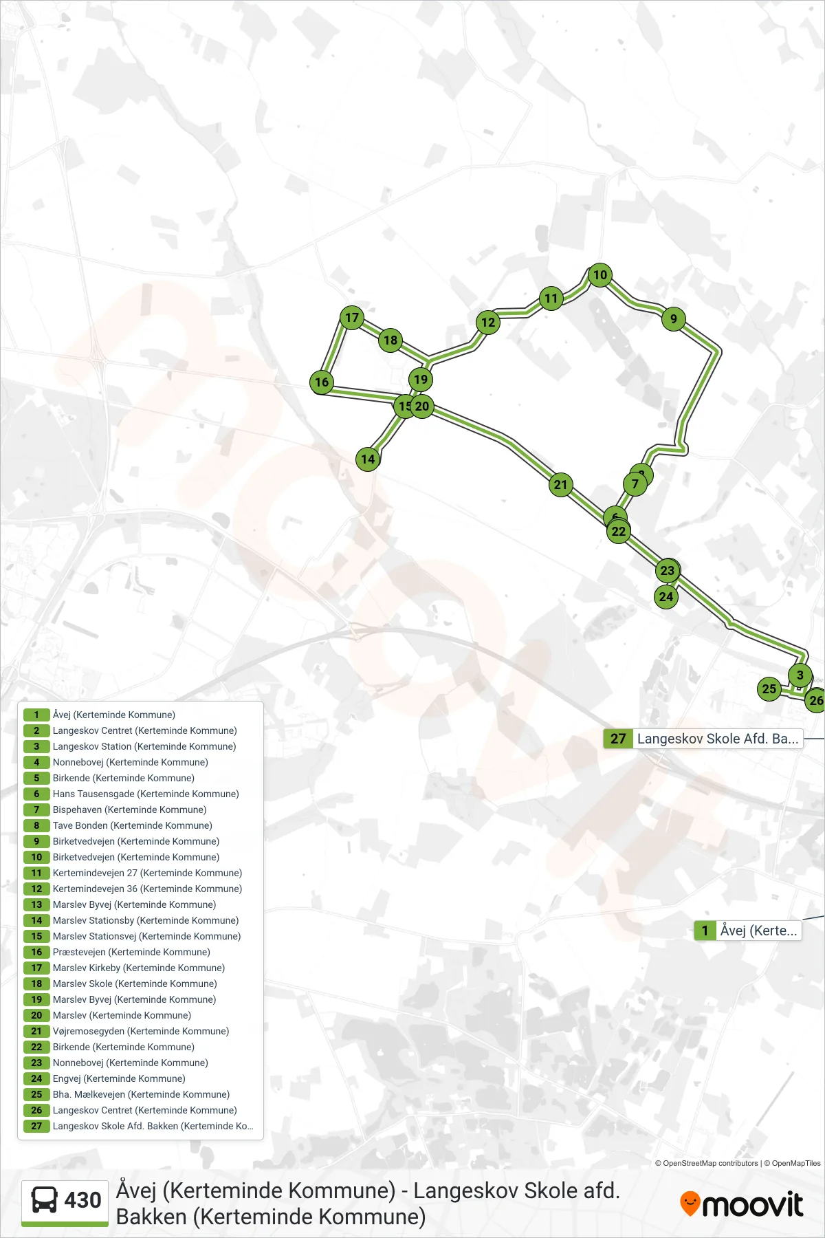 430 bus Linje (Langeskov) rute og stop på et kort