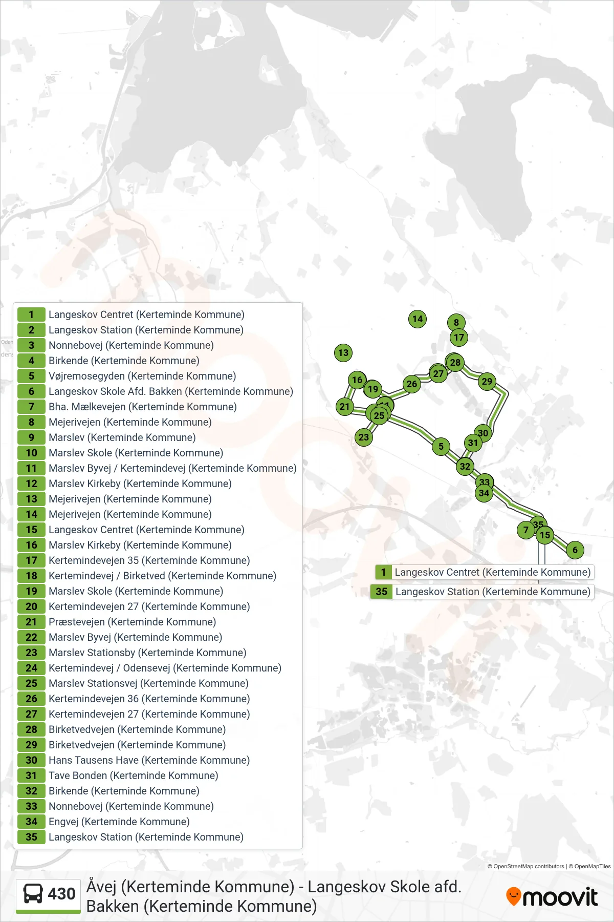 430 bus Linje (Langeskov) rute og stop på et kort