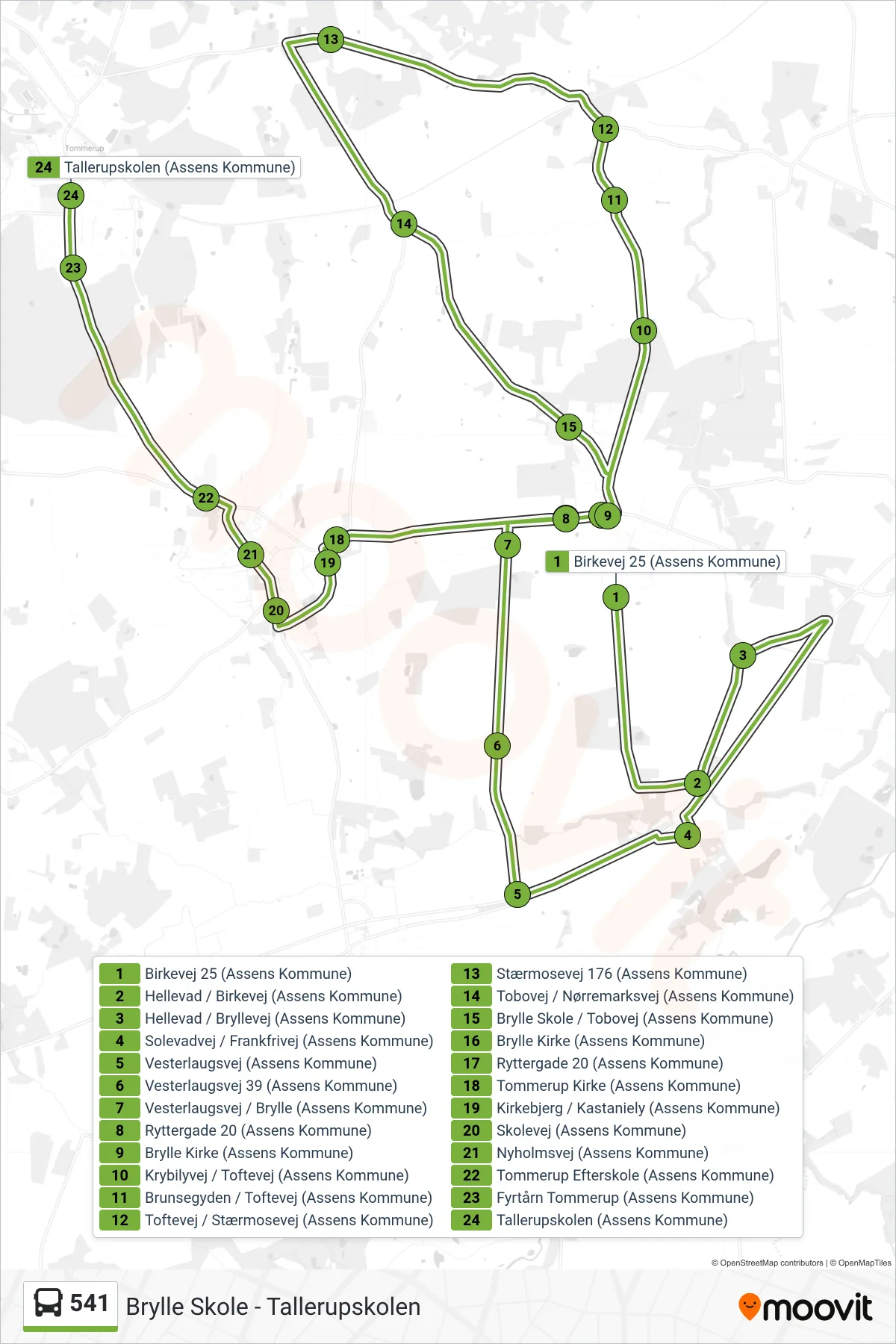 541 bus Line (Brylle Skole - Tallerupskolen) route and stops on a map