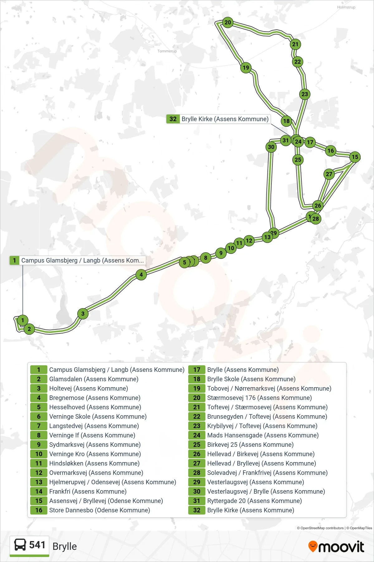 541 bus Linje (Brylle) rute og stop på et kort