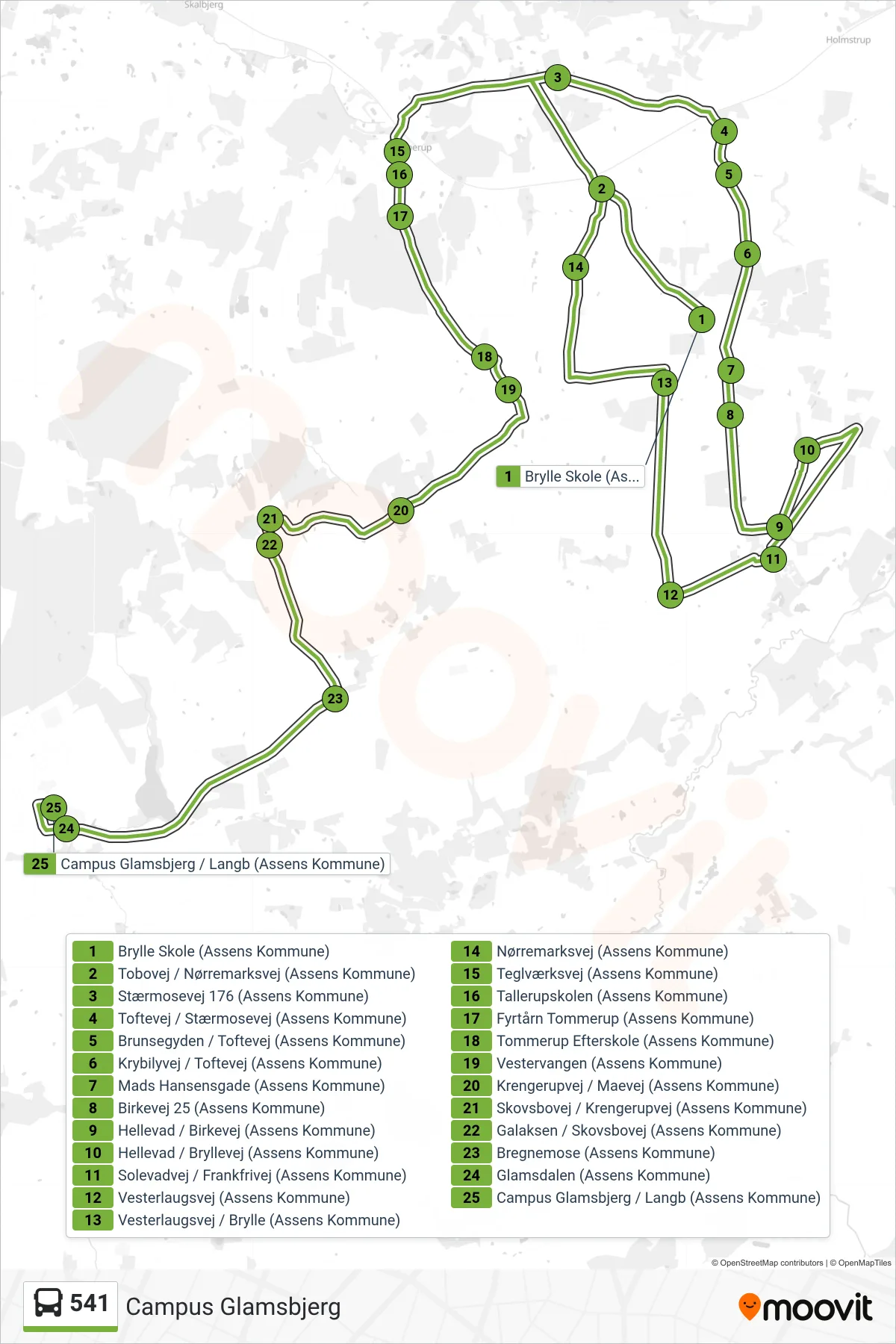 541 bus Linje (Campus Glamsbjerg) rute og stop på et kort