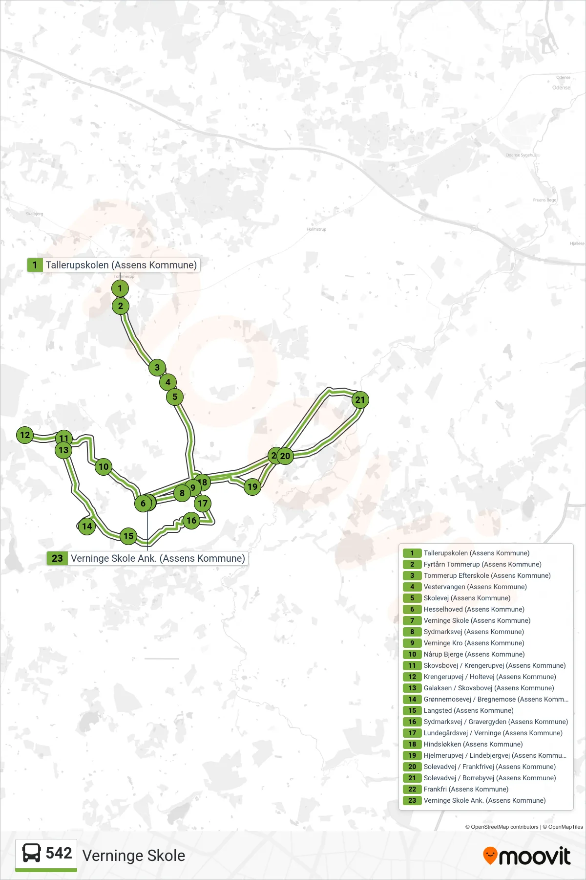 542 bus Linje (Verninge Skole) rute og stop på et kort