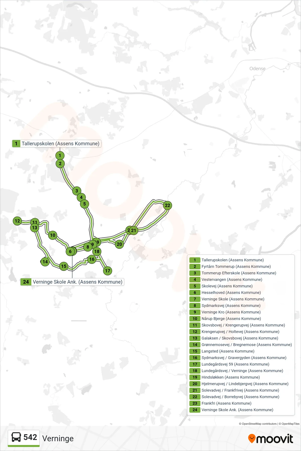 542 bus Linje (Verninge) rute og stop på et kort