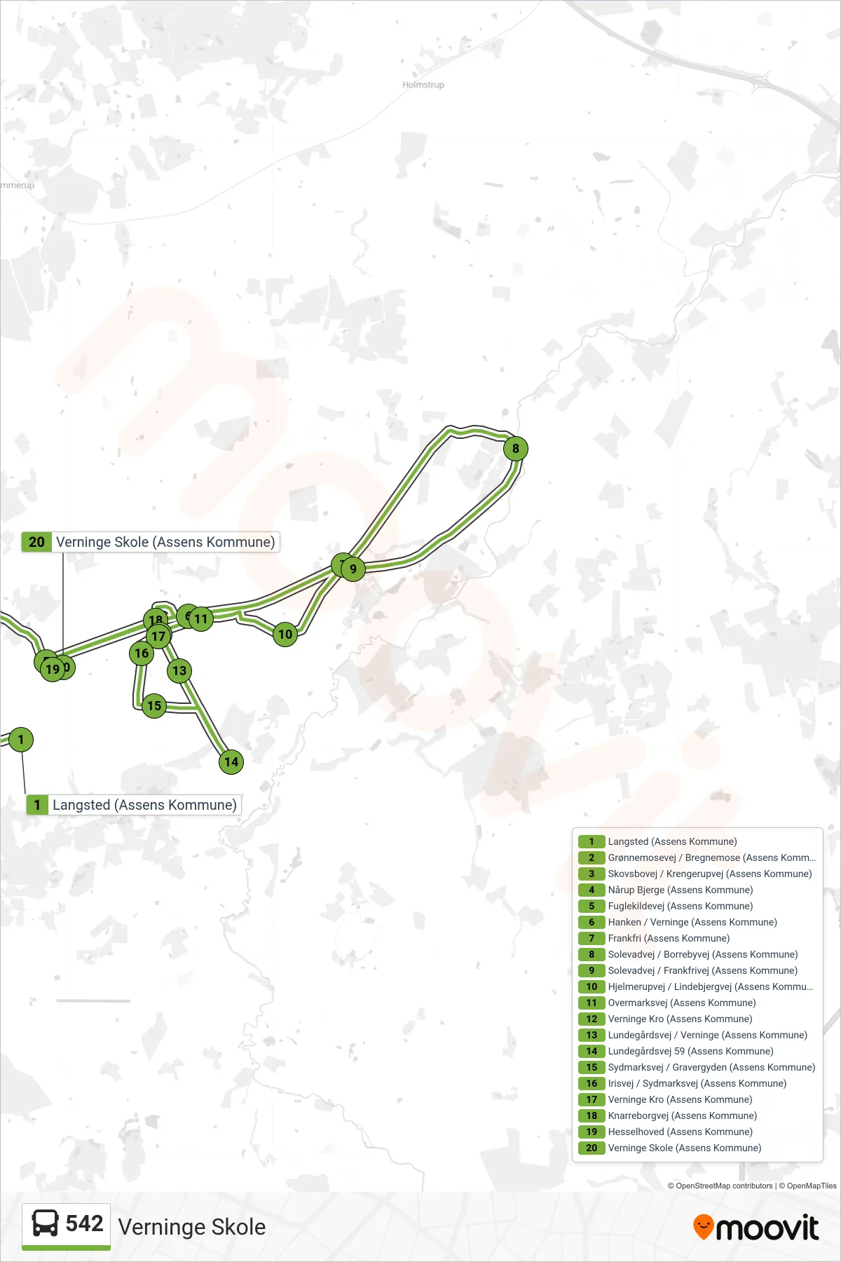 542 bus Linje (Verninge Skole) rute og stop på et kort