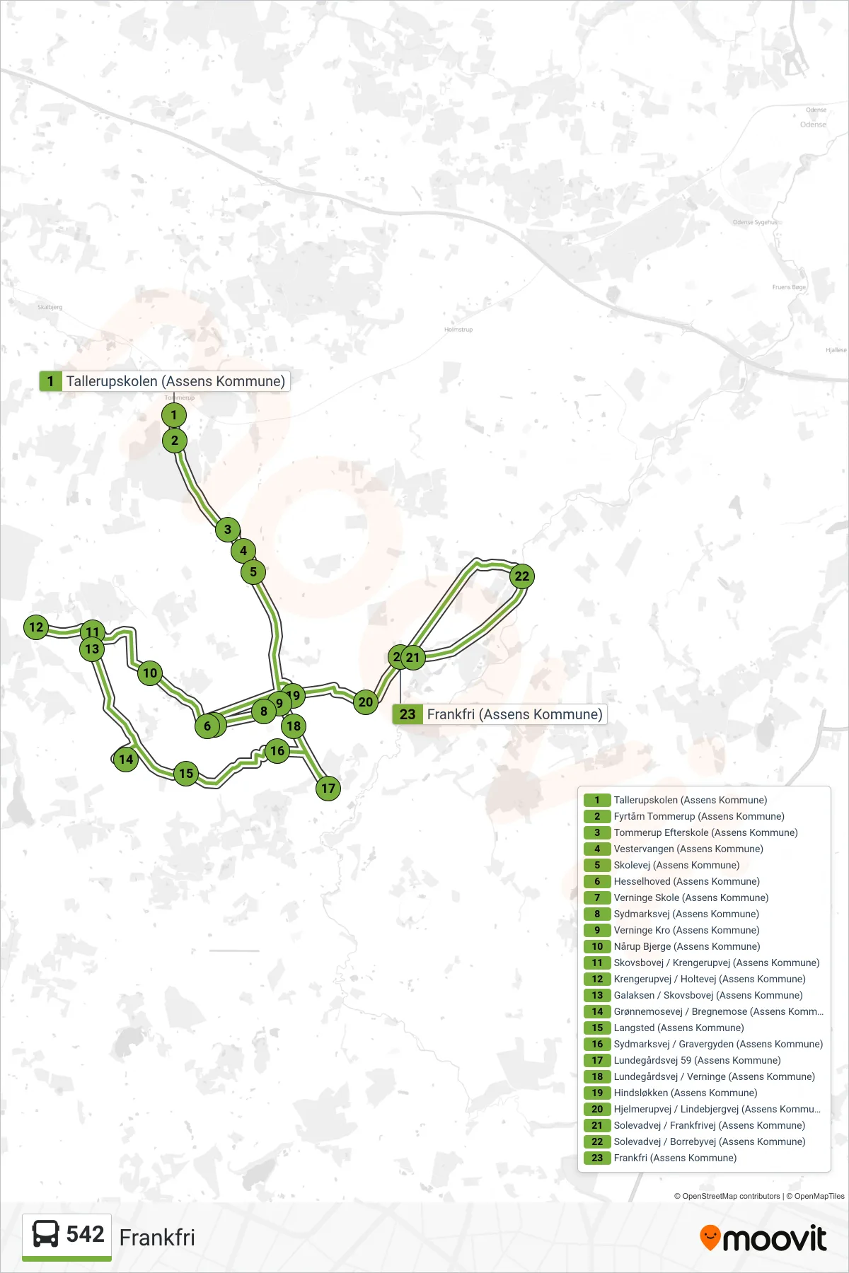 542 bus Linje (Frankfri) rute og stop på et kort