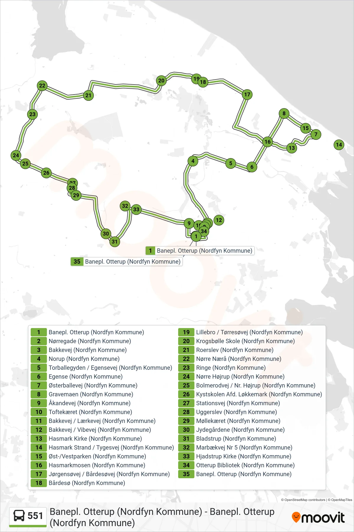 551 bus Linje (Otterup) rute og stop på et kort