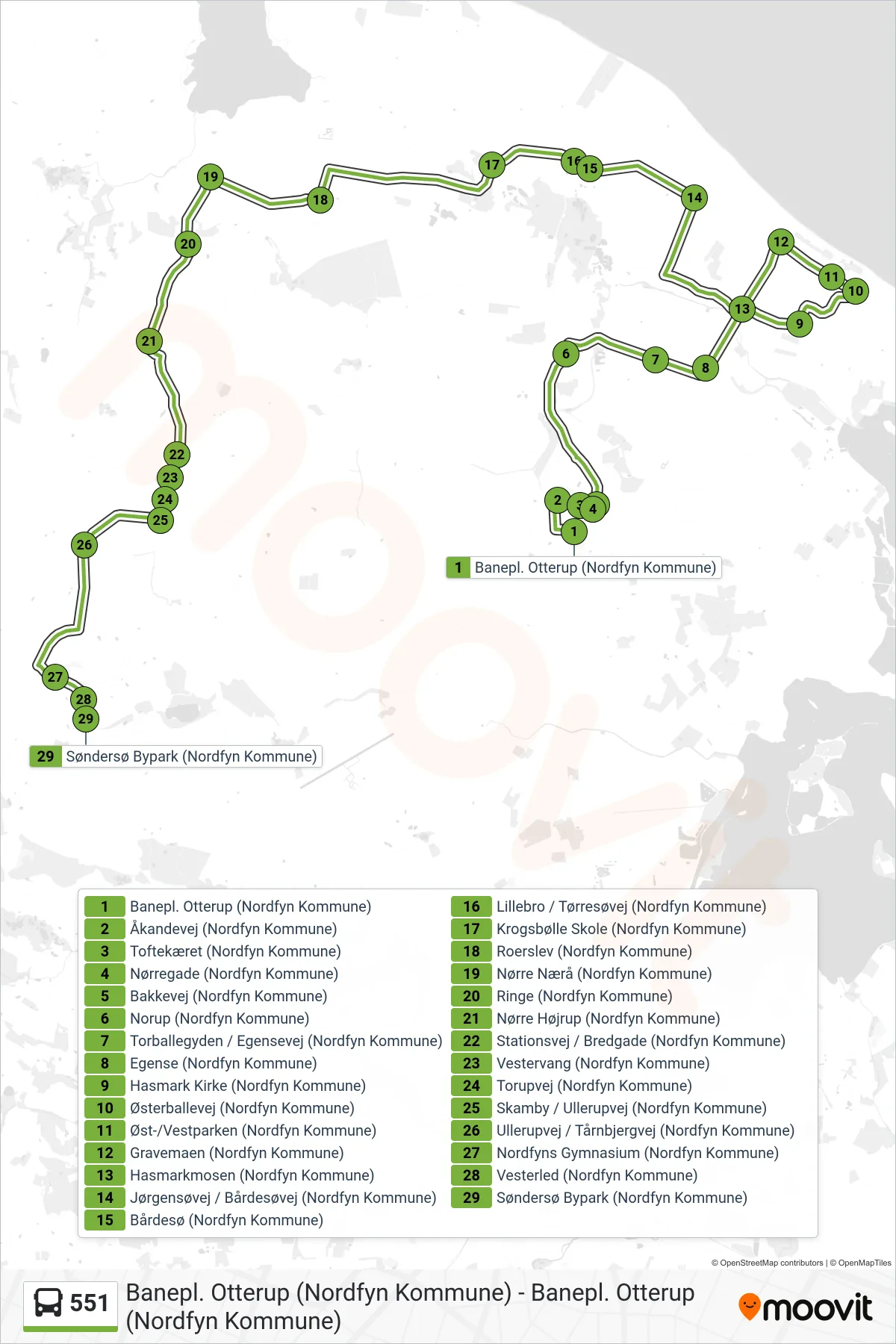 551 bus Linje (Krogsbølle - Søndersø) rute og stop på et kort