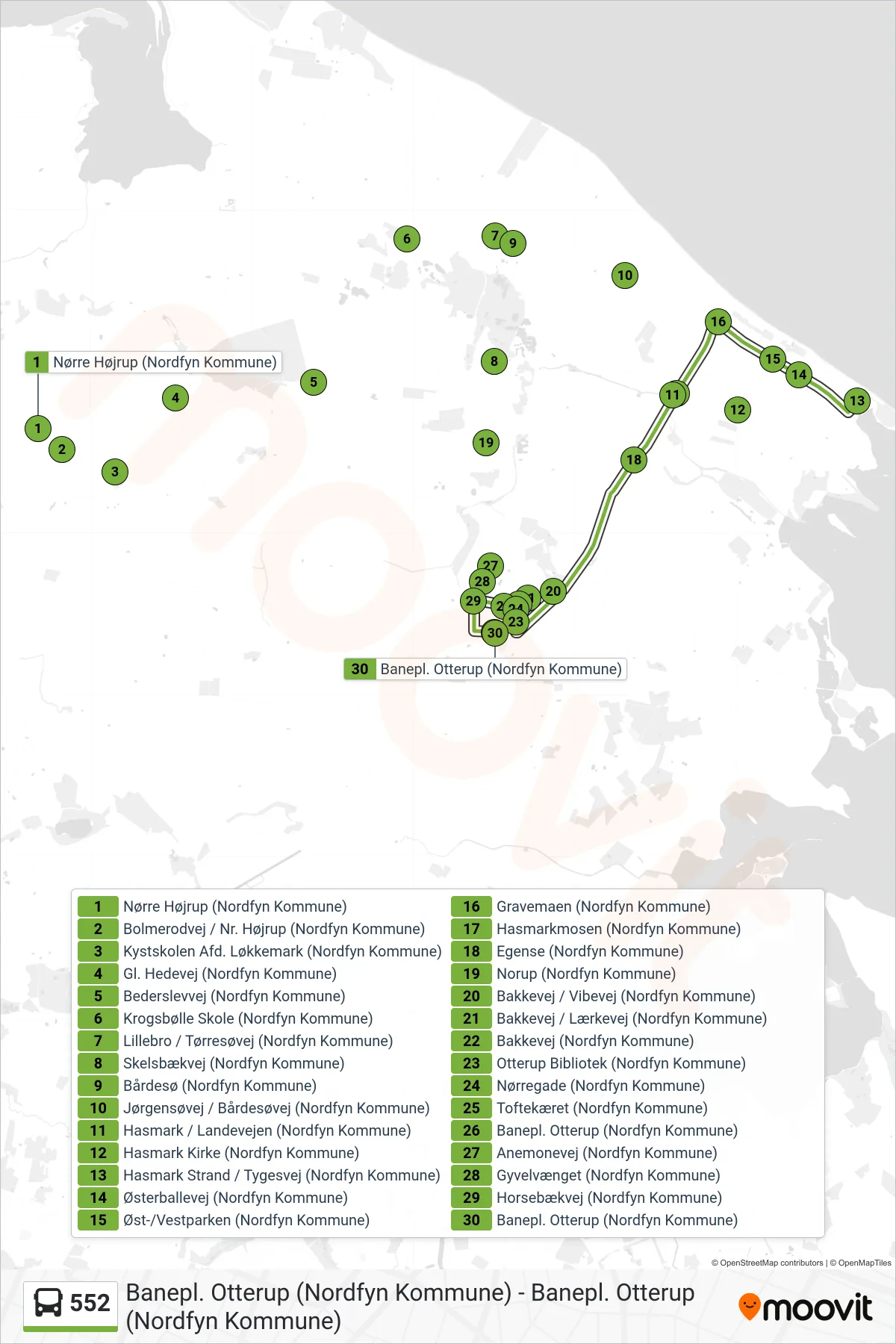 552 bus Line (Otterup) route and stops on a map