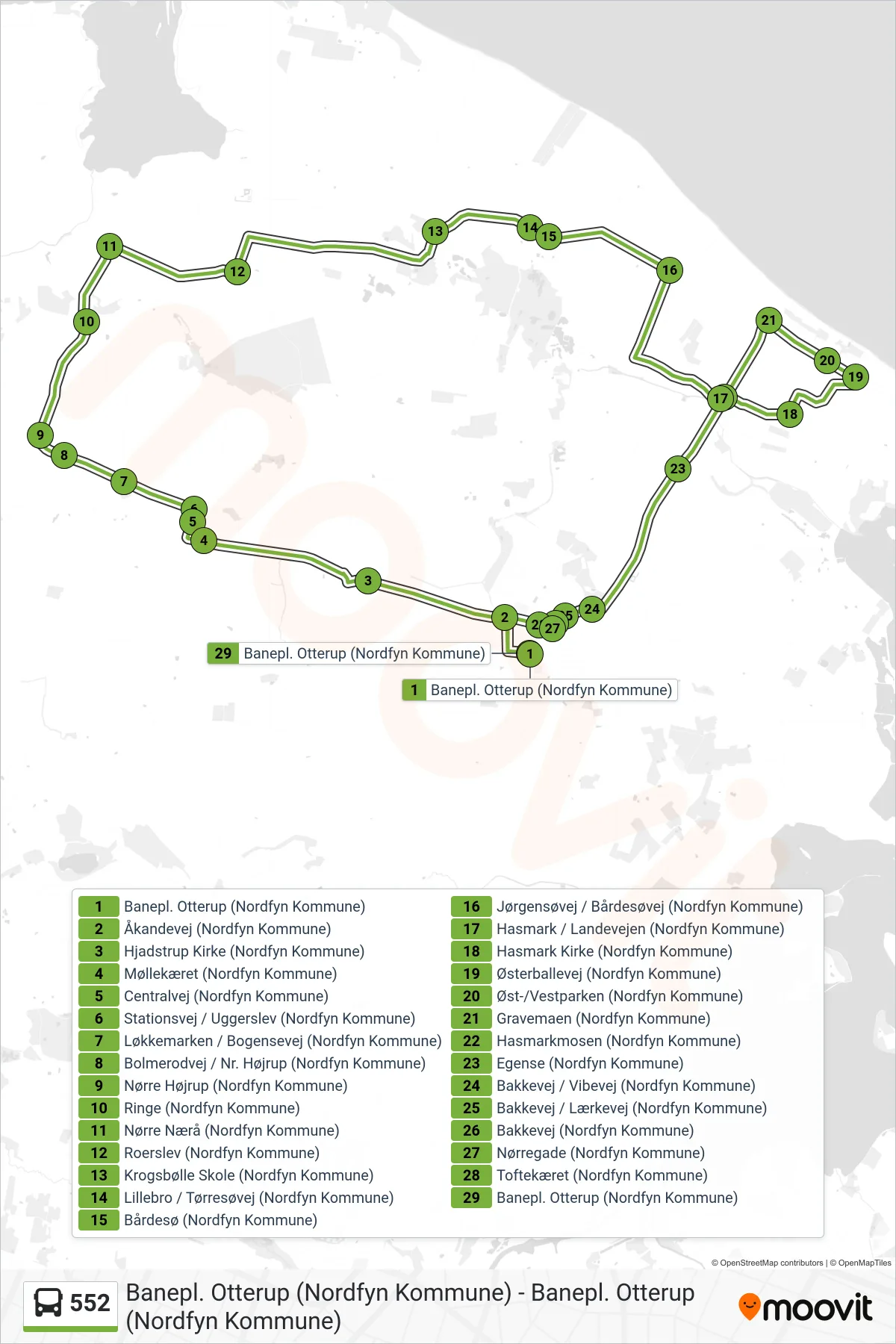 552 bus Linje (Krogsbølle-Otterup) rute og stop på et kort